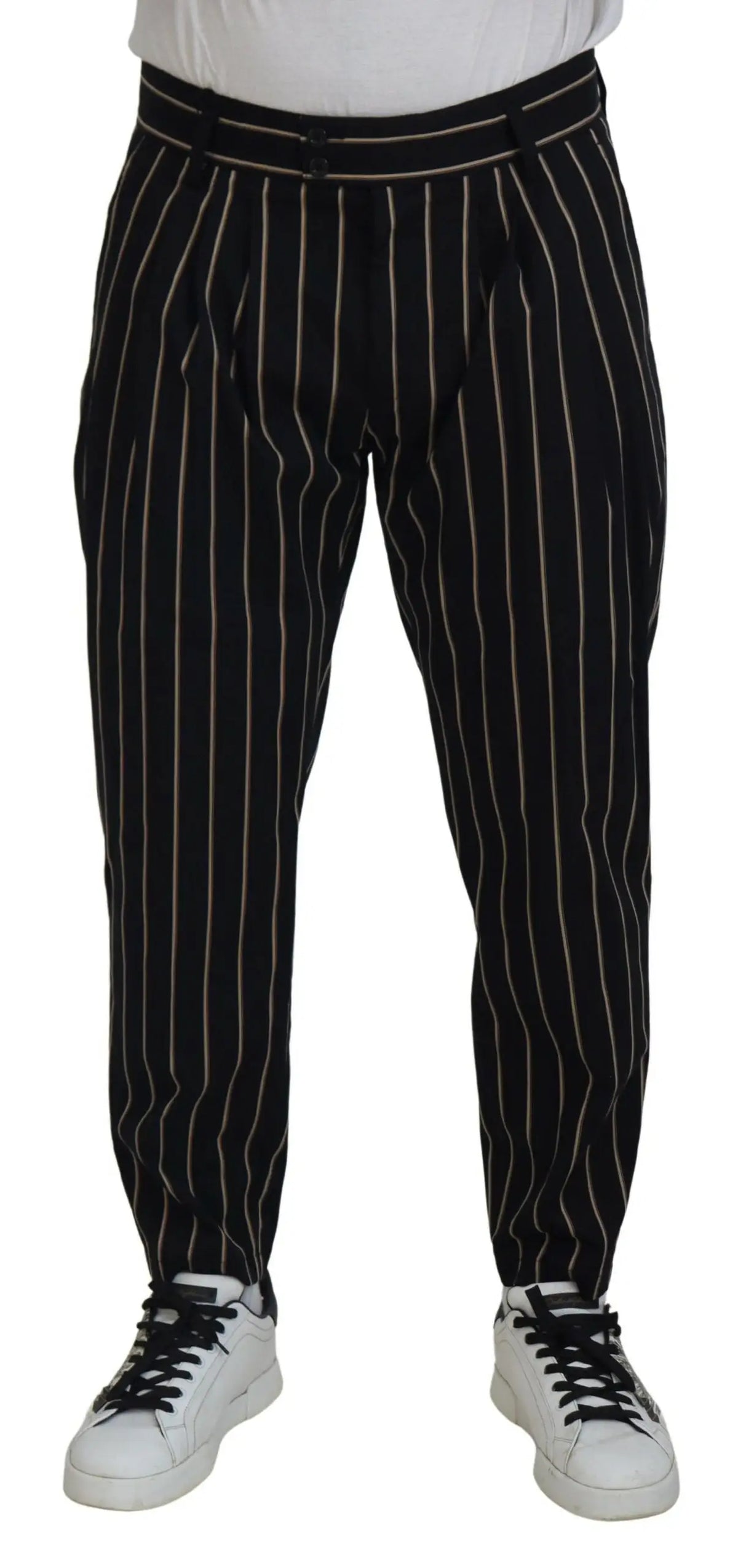 Pantalon dolce & gabbana noir beige en coton extensible rayé avec rayures fines blanches et taille plissée