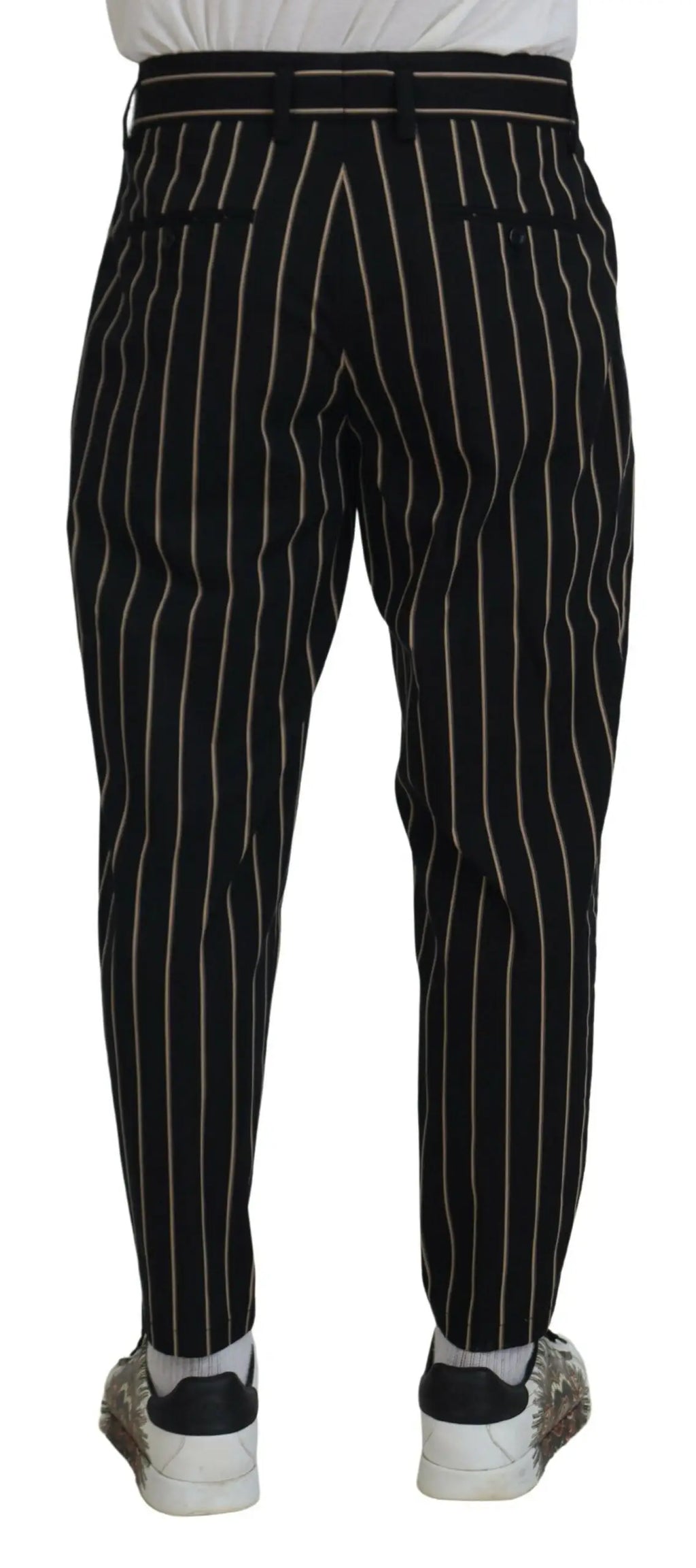 Pantalon dolce & gabbana noir beige rayé en coton stretch avec fines rayures blanches verticales et ceinture assortie