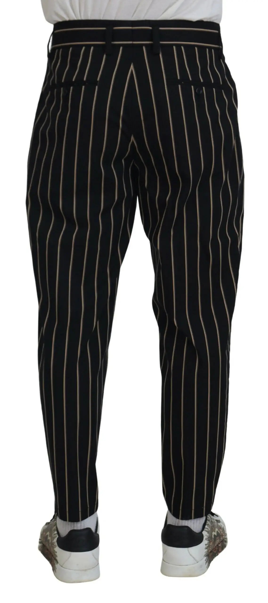 Pantalon dolce & gabbana noir beige rayé en coton stretch avec fines rayures blanches verticales et ceinture assortie