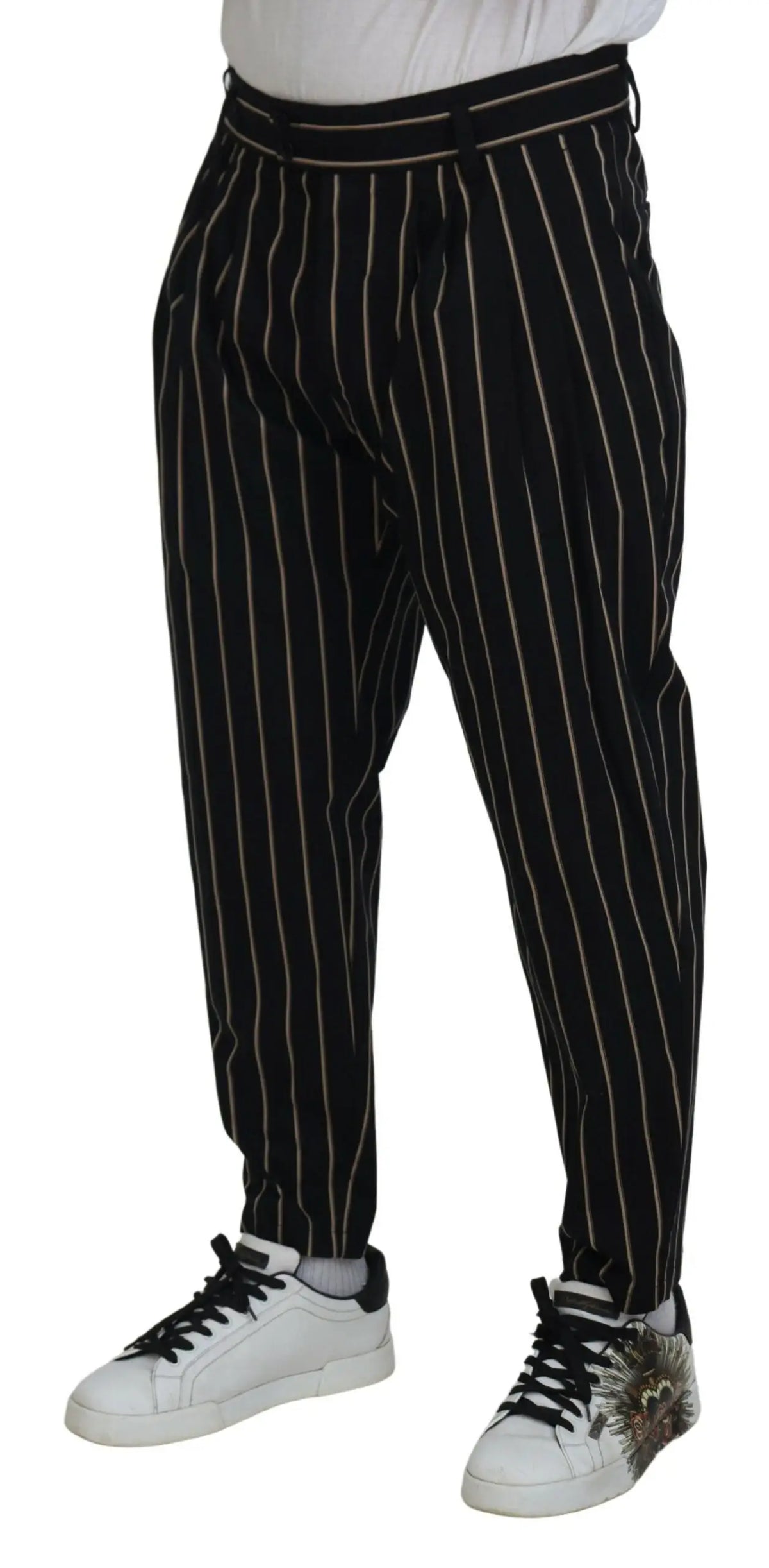 Pantalon dolce & gabbana noir à rayures beiges en coton stretch avec fines rayures blanches verticales et ceinture assortie