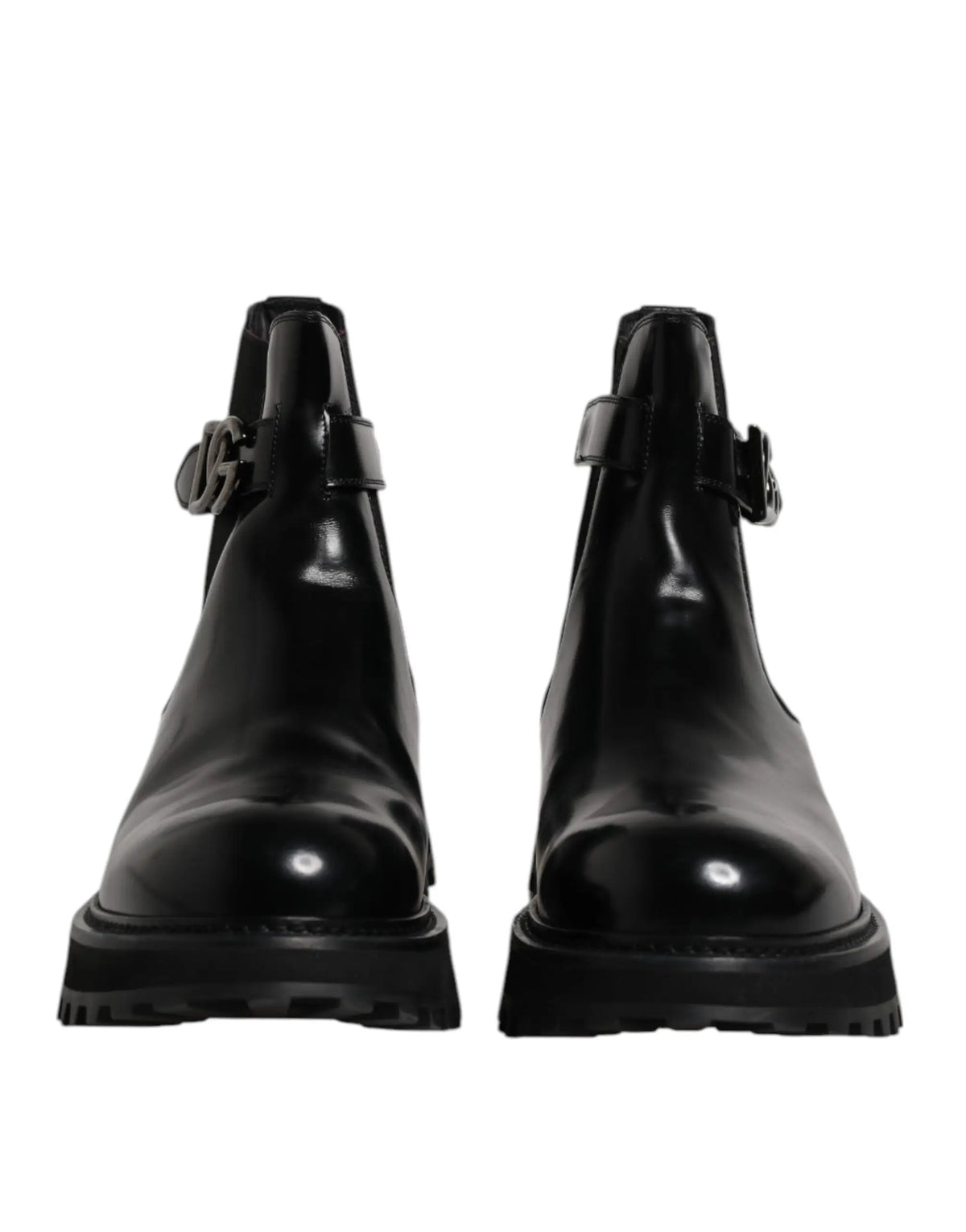 Dolce & gabbana bottines chelsea homme en cuir verni noir avec semelle en caoutchouc épaisse et boucle argentée dg belt
