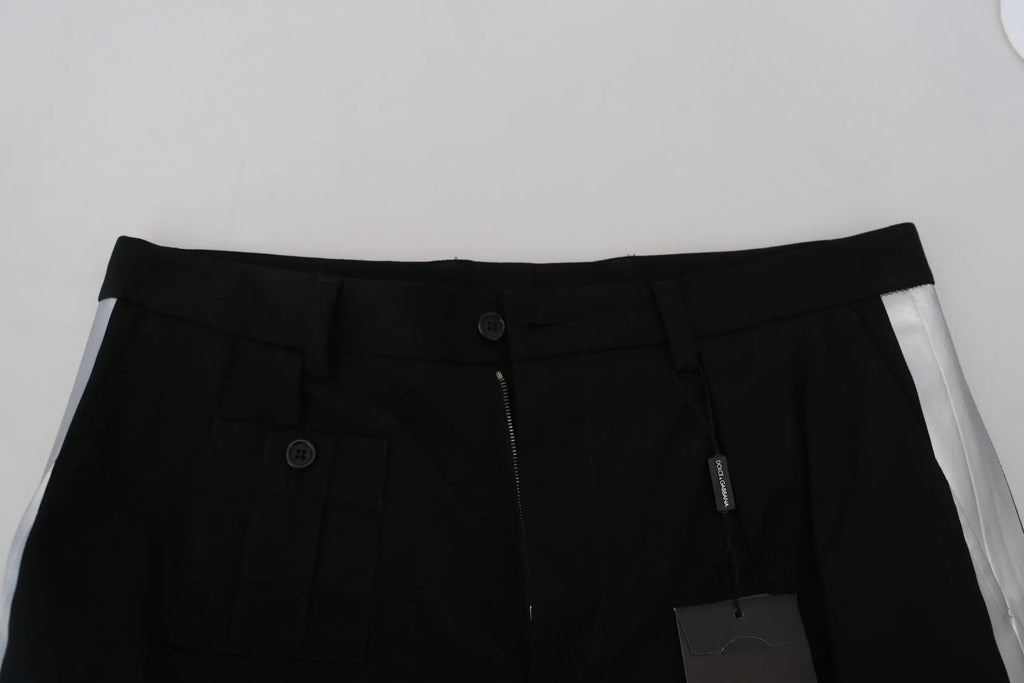 Dolce & gabbana black bermuda cargo shorts with silver side stripes and branded tag for casual wear