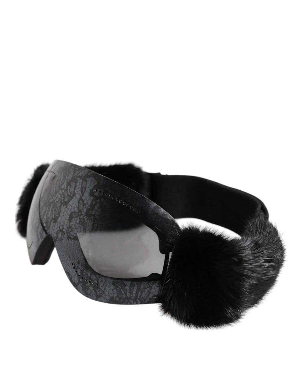 Dolce & Gabbana lunettes de ski noire bi0759 avec monture à motif gris, fourrure noire et sangle réglable