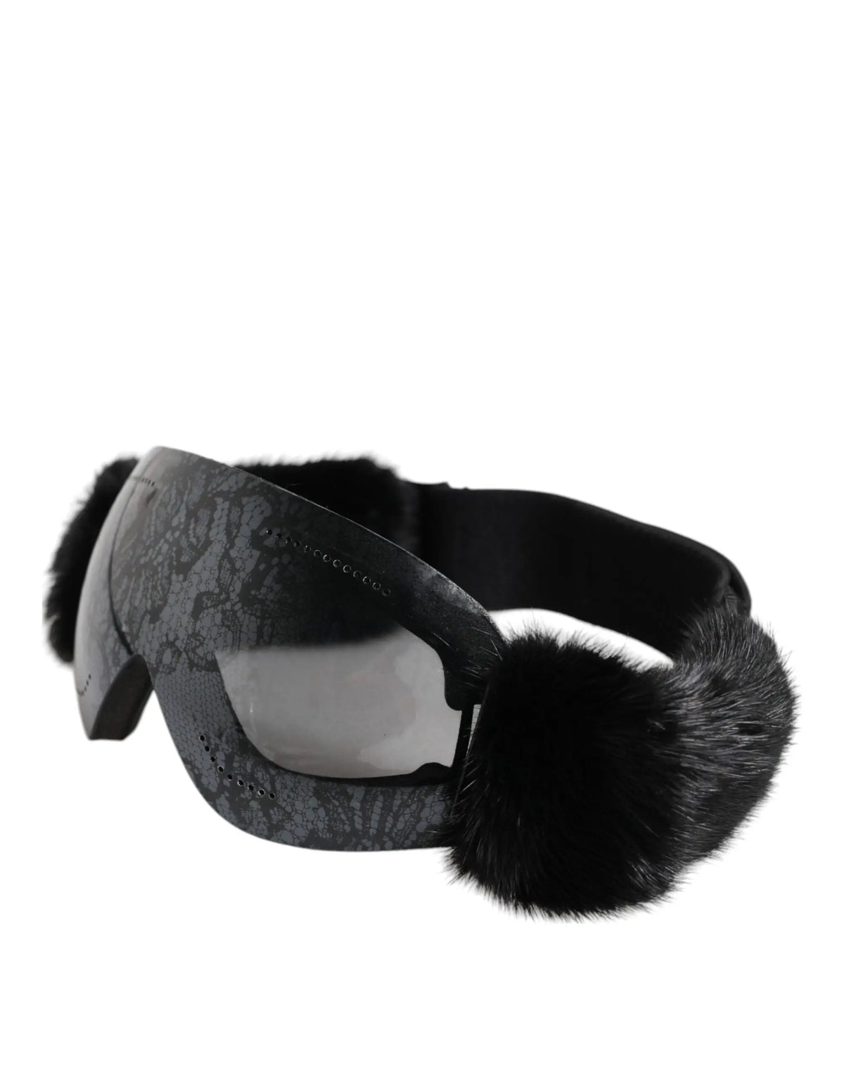 Dolce & Gabbana lunettes de ski noire bi0759 avec monture à motif gris, fourrure noire et sangle réglable