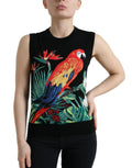 Dolce & gabbana débardeur noir en laine avec broderie colorée de perroquet et feuillage tropical