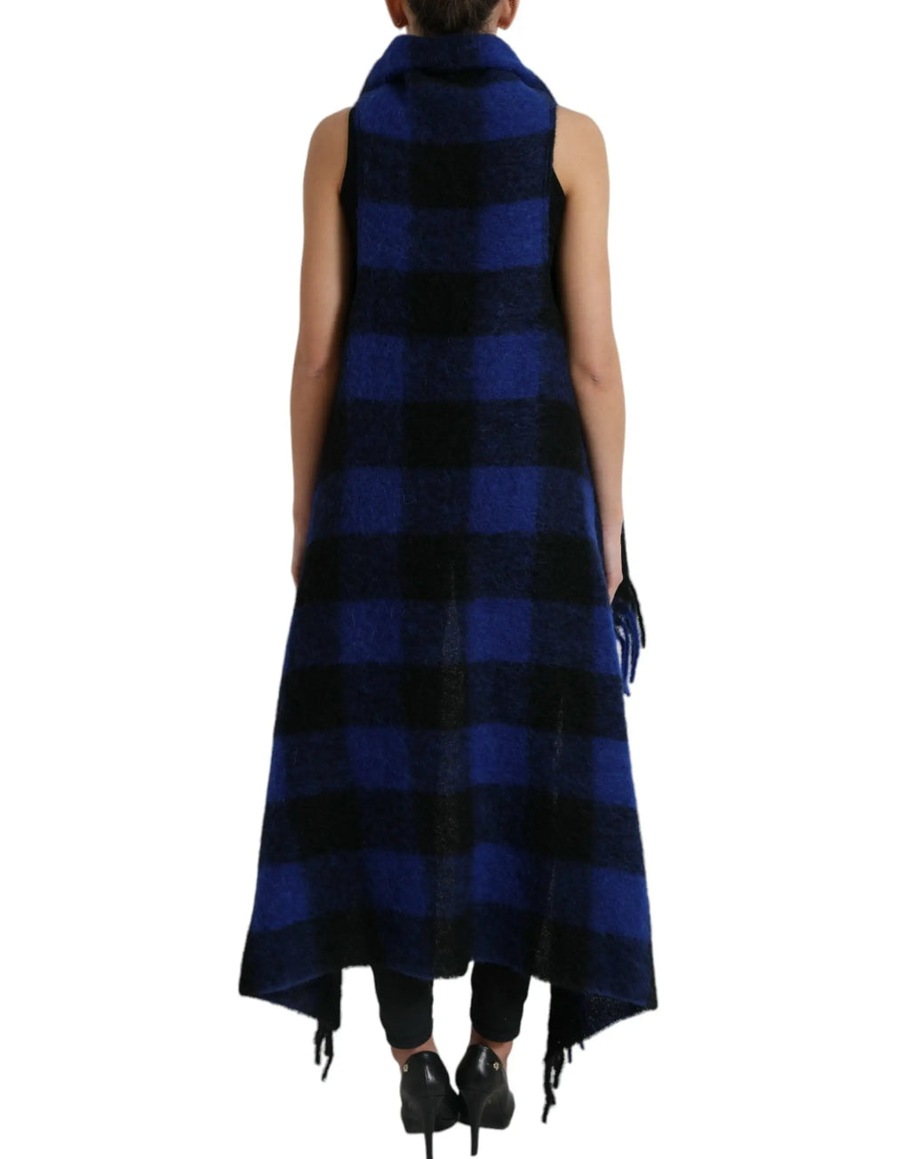 Dolce & gabbana poncho manteau pull en laine à carreaux bleu marine et noir avec col montant et ourlets asymétriques à franges