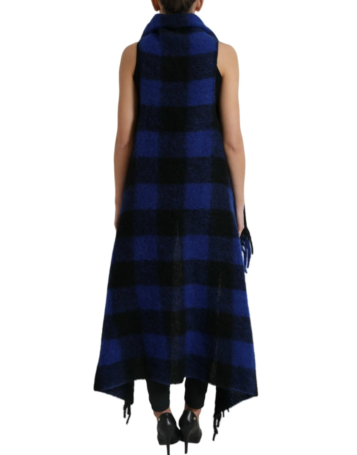 Dolce & gabbana poncho manteau pull en laine à carreaux bleu marine et noir avec col montant et ourlets asymétriques à franges