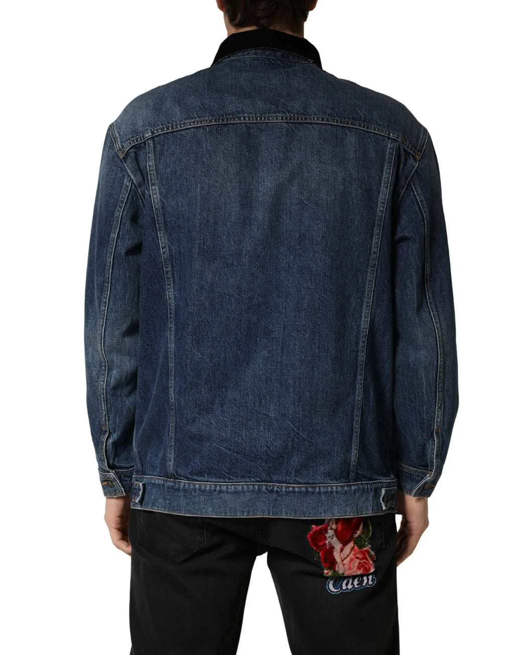 Veste blouson homme dolce gabbana en denim coton bleu noir vue dos avec patch brodé rose rouge