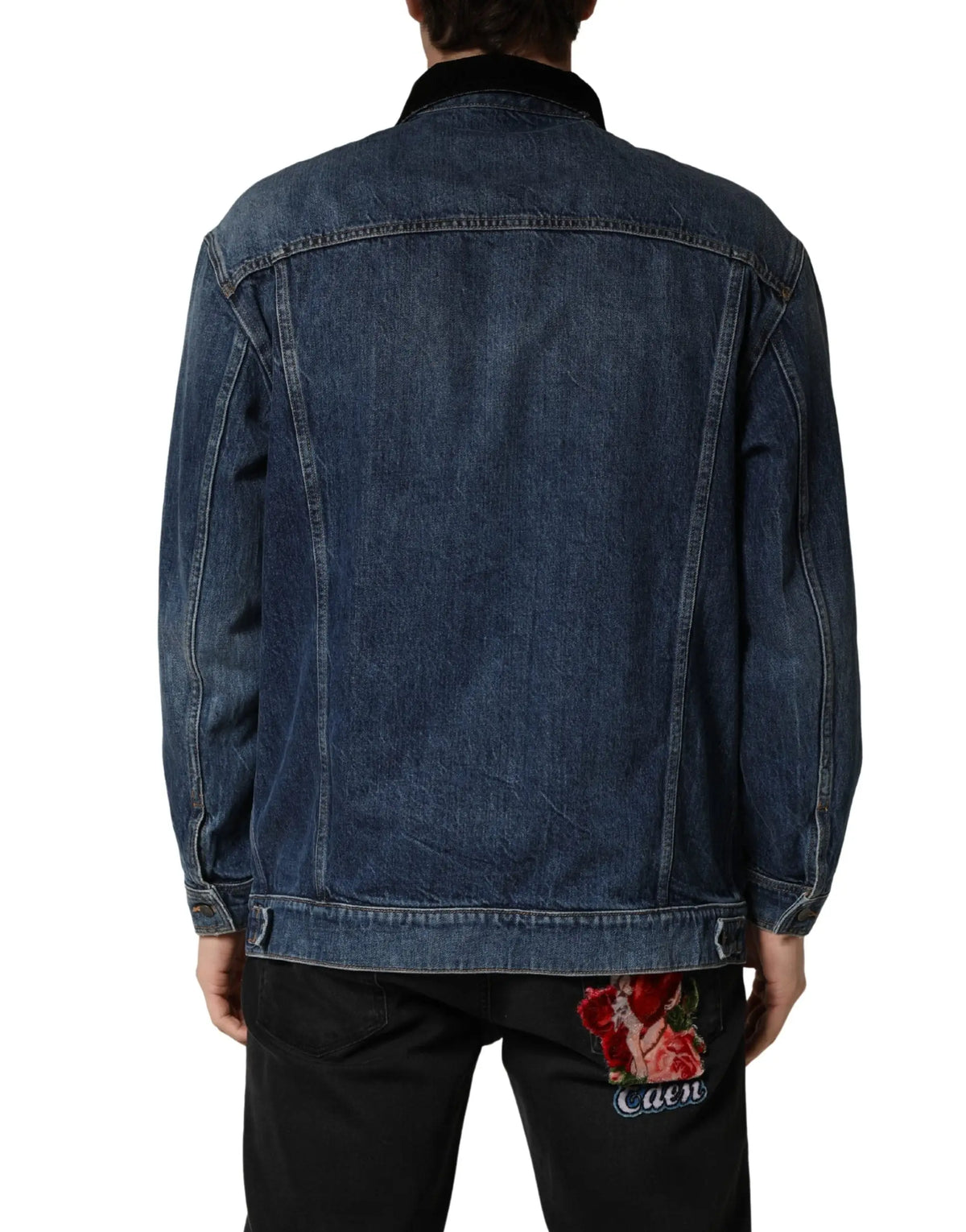 Veste blouson homme dolce gabbana en denim coton bleu noir vue dos avec patch brodé rose rouge