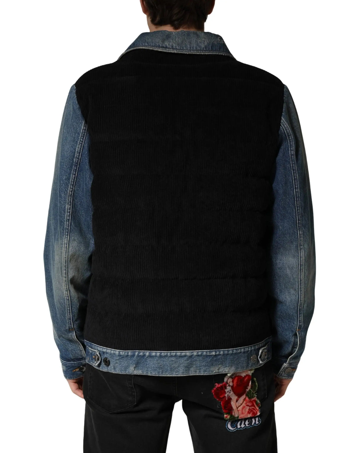 Dos de veste dolce & gabbana homme en denim coton bleu avec manches en denim et patch brodé rose rouge