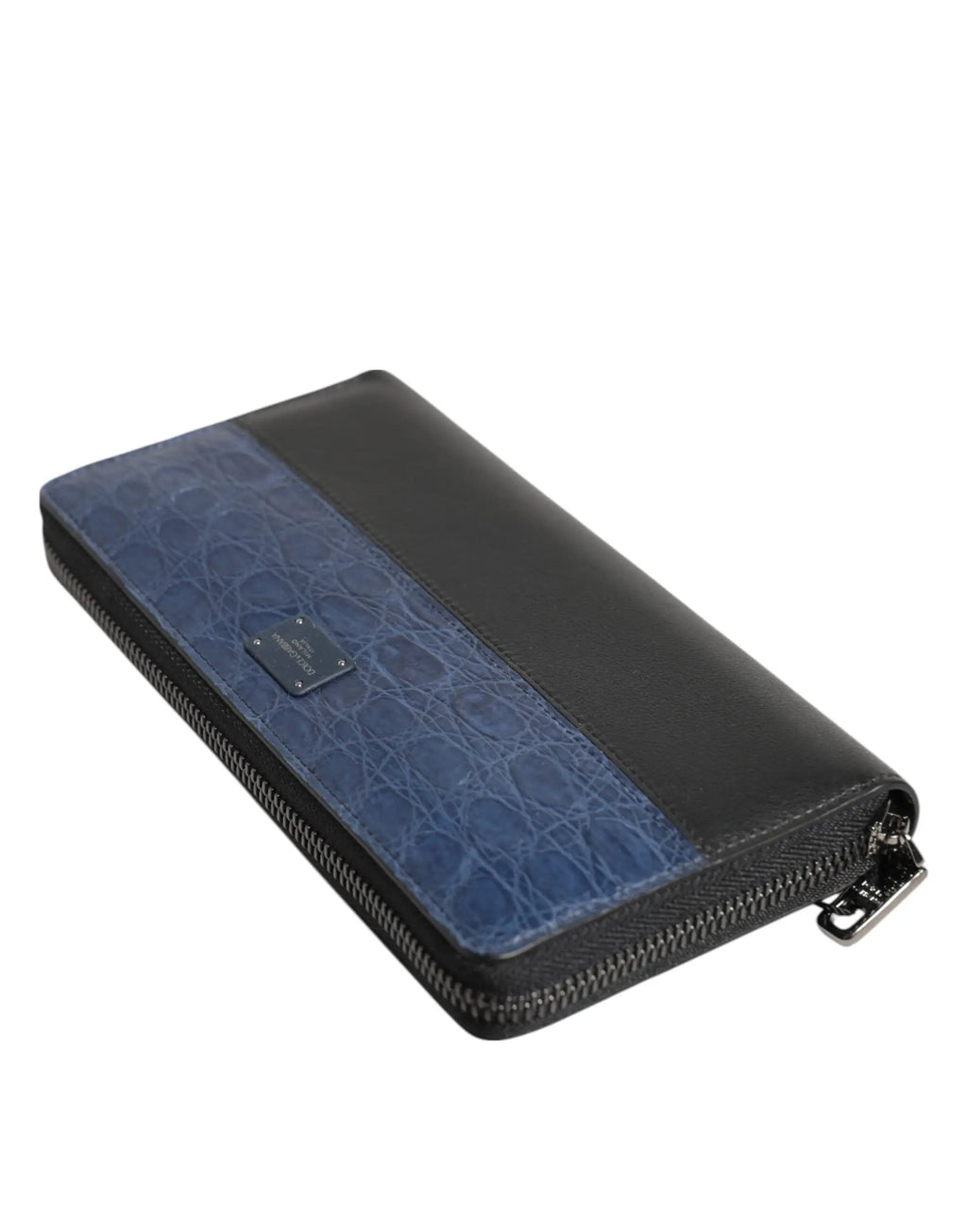 Portefeuille homme continental dolce & gabbana en cuir exotique noir bleu avec panneau texturé crocodile et fermeture éclair