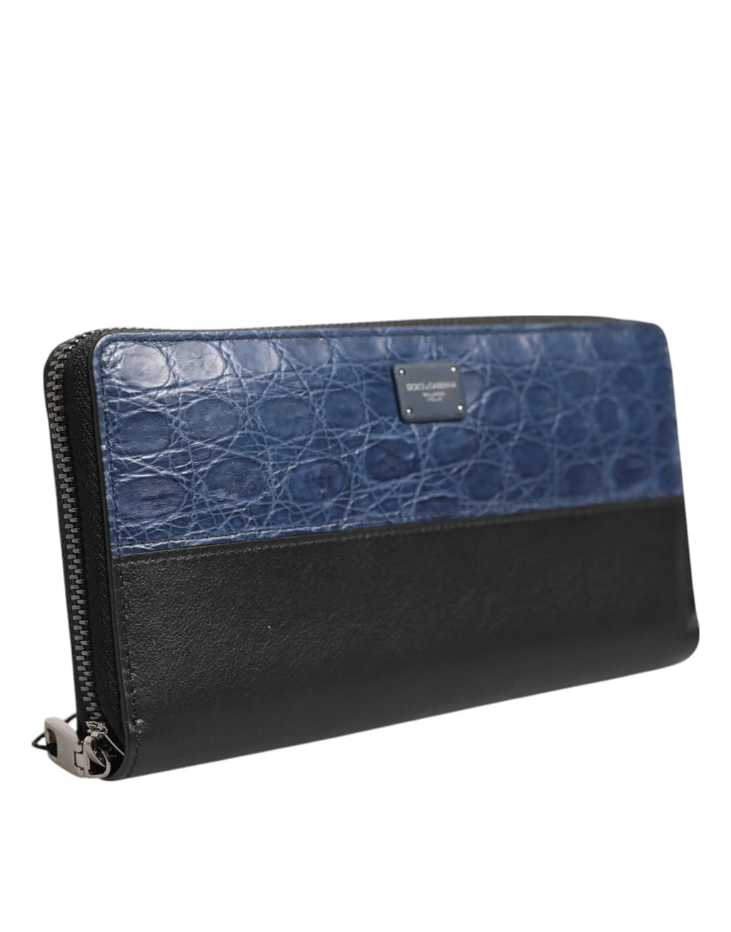 Dolce & gabbana portefeuille continental homme en cuir exotique bleu embossé crocodile avec zip métal argenté noir