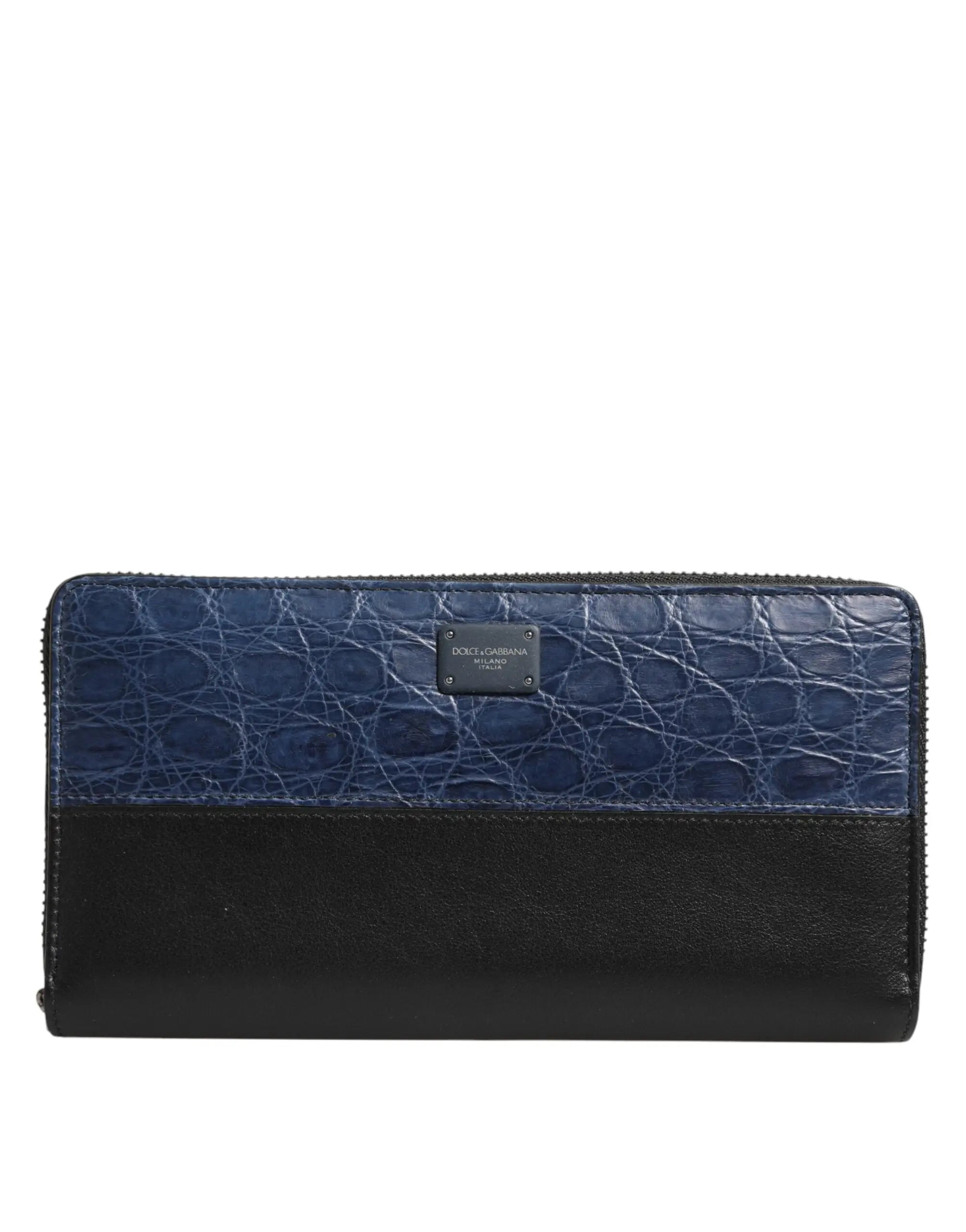 Portefeuille continental homme en cuir exotique bleu et noir embossé croco dolce gabbana avec fermeture éclair