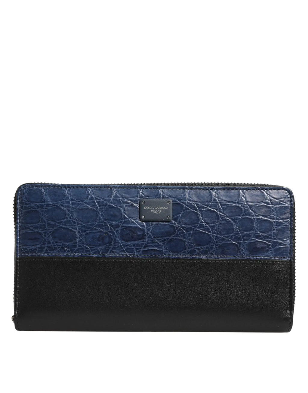 Dolce gabbana portefeuille continental pour homme en cuir exotique embossé croco noir et bleu avec fermeture éclair