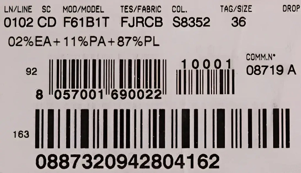 Étiquette de code-barres avec codes produit et couleur pour robe mini flare noire et bleue dolce & gabbana