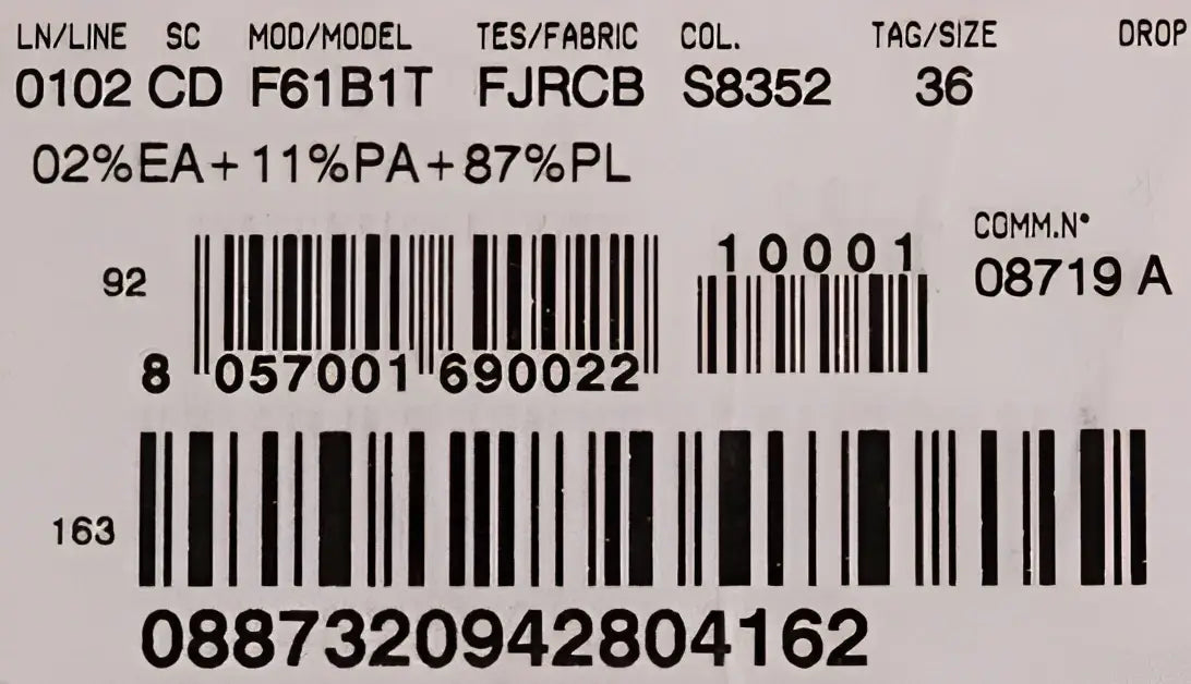 Étiquette de code-barres avec codes produit et couleur pour robe mini flare noire et bleue dolce & gabbana