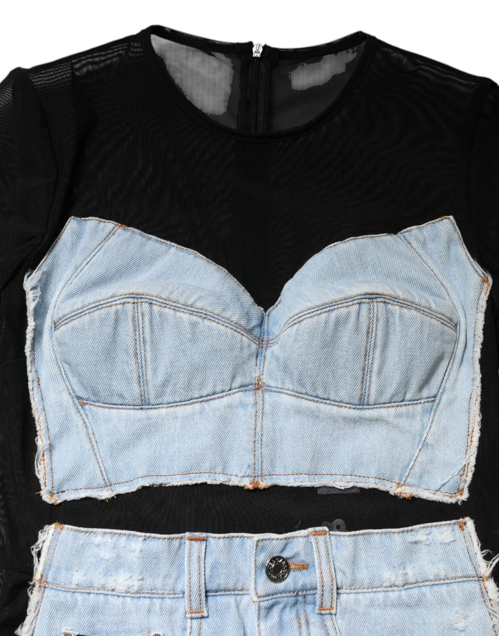 Robe mini en denim bleu clair dolce & gabbana avec manches longues noire et top en denim clair à basque noire en maille
