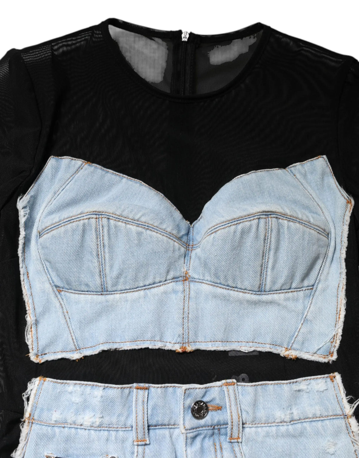 Robe mini en denim bleu clair dolce & gabbana avec manches longues noire et top en denim clair à basque noire en maille