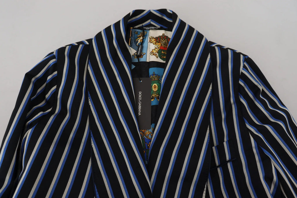Blazer dolce gabbana bleu marine bleu clair et blanc rayé verticalement avec doublure intérieure martini noire et bleue ornée