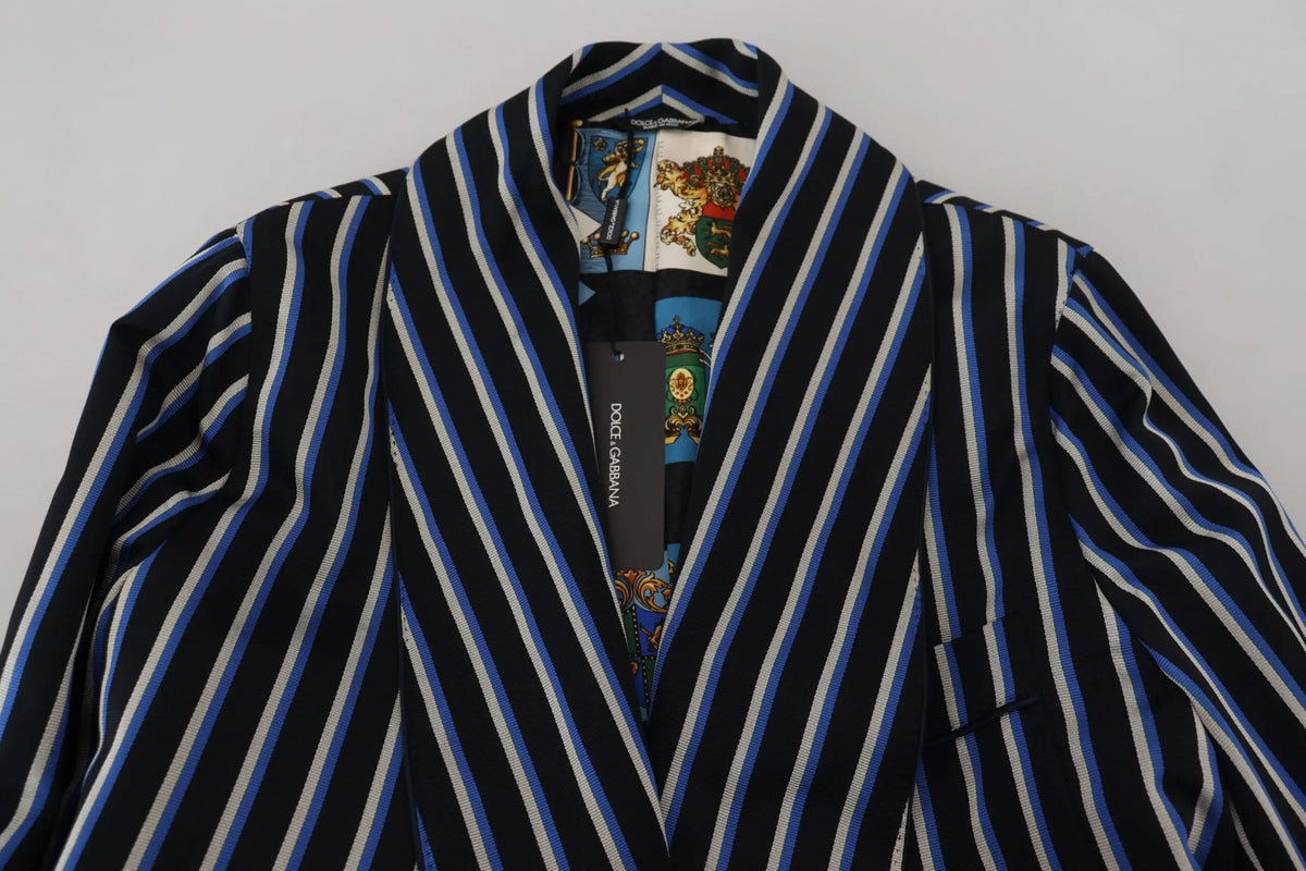 Blazer dolce gabbana bleu marine bleu clair et blanc rayé verticalement avec doublure intérieure martini noire et bleue ornée