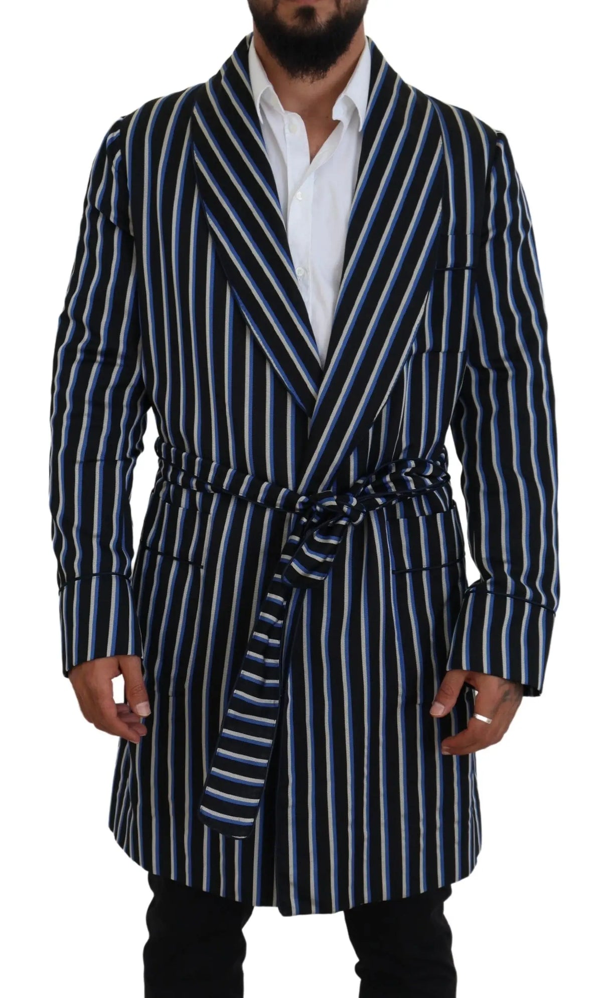Robe dolce & gabbana à rayures verticales bleu marine et blanc avec ceinture et doublure imprimée martini noire et bleue