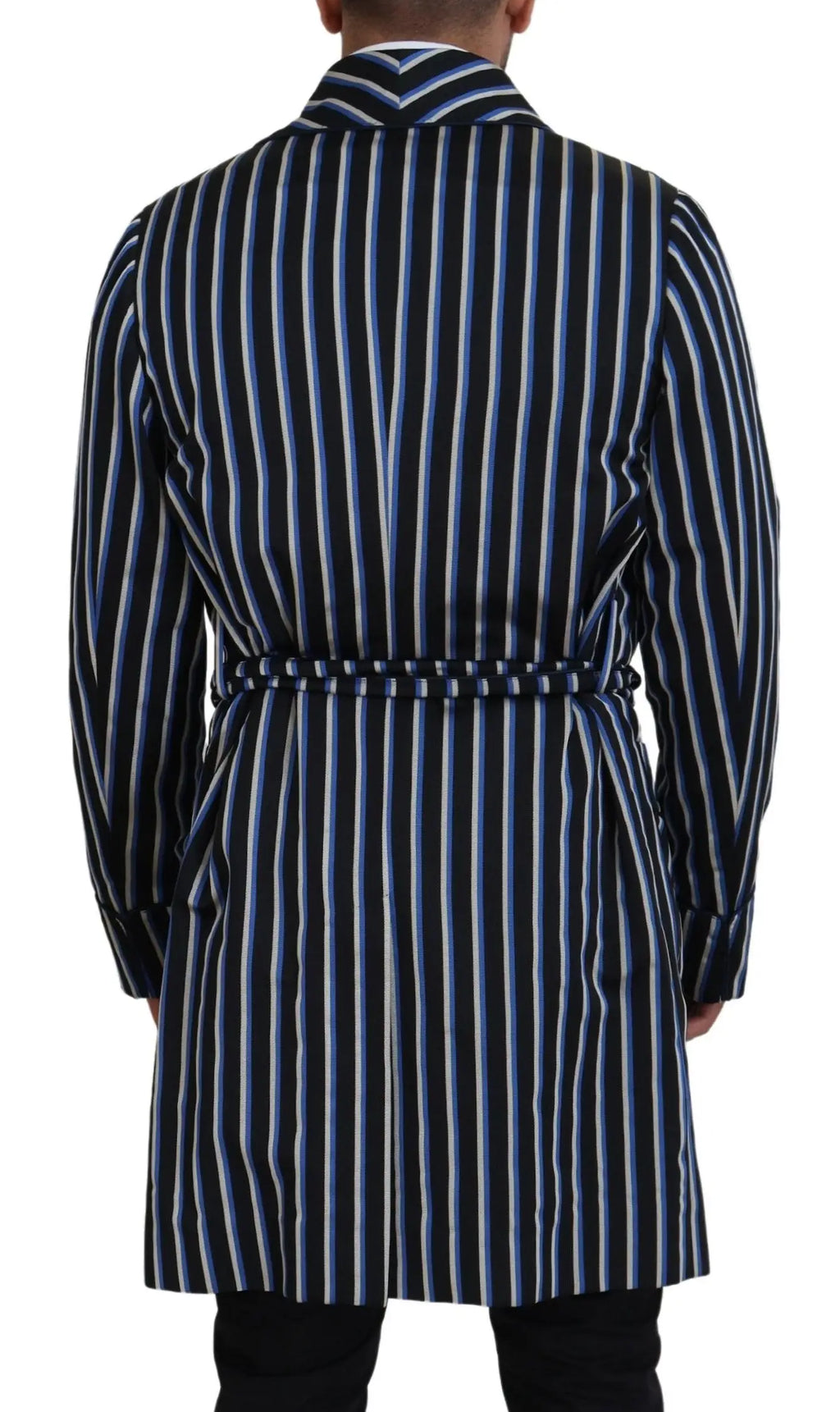 Robe en laine dolce gabbana bleu marine et blanc à rayures verticales avec ceinture et doublure imprimée martini noire et bleue