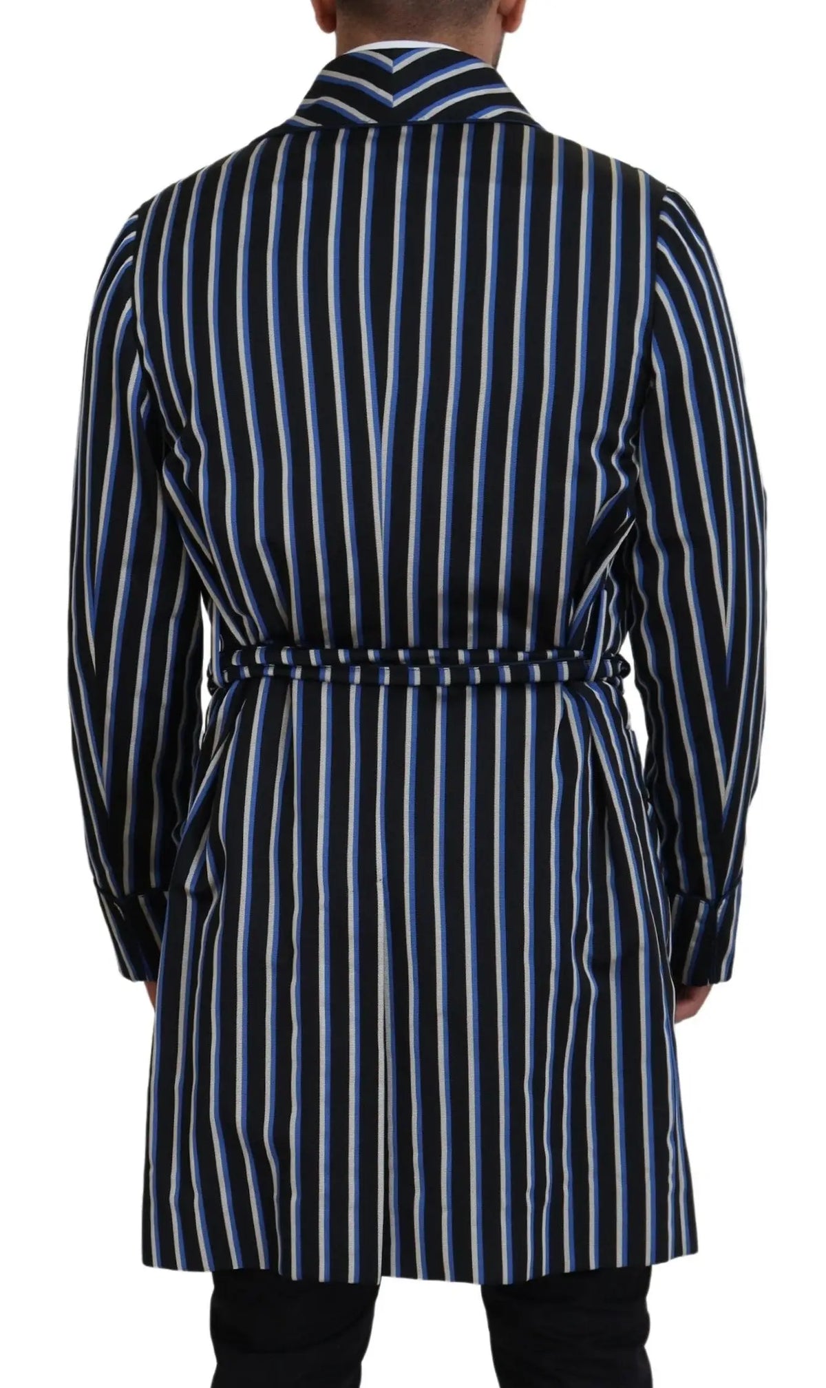 Robe en laine dolce gabbana bleu marine et blanc à rayures verticales avec ceinture et doublure imprimée martini noire et bleue