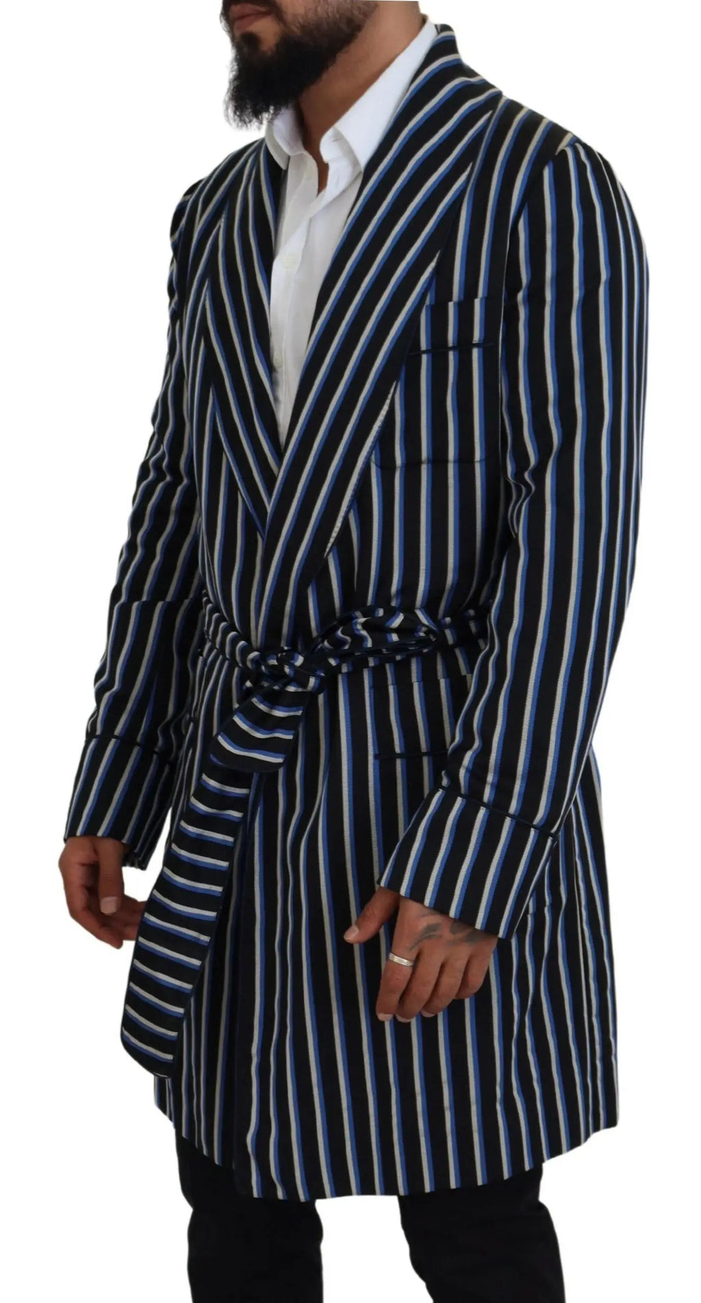 Dolce & gabbana robe en laine bleu marine et blanche rayée verticalement avec ceinture et col classique martini printed lining