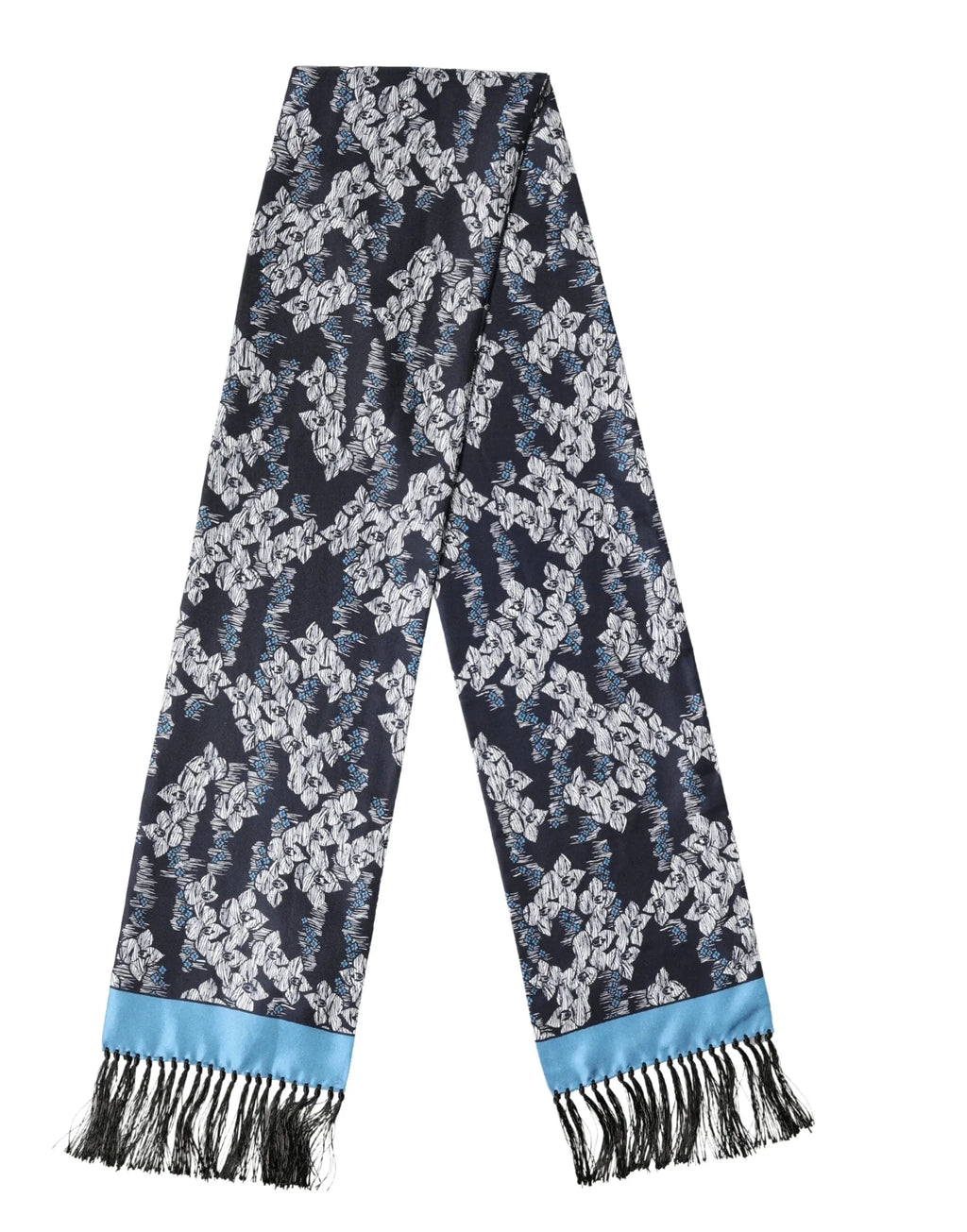 Écharpe dolce & gabbana en soie bleu marine avec motif floral blanc, bordure en satin bleu clair et franges noires