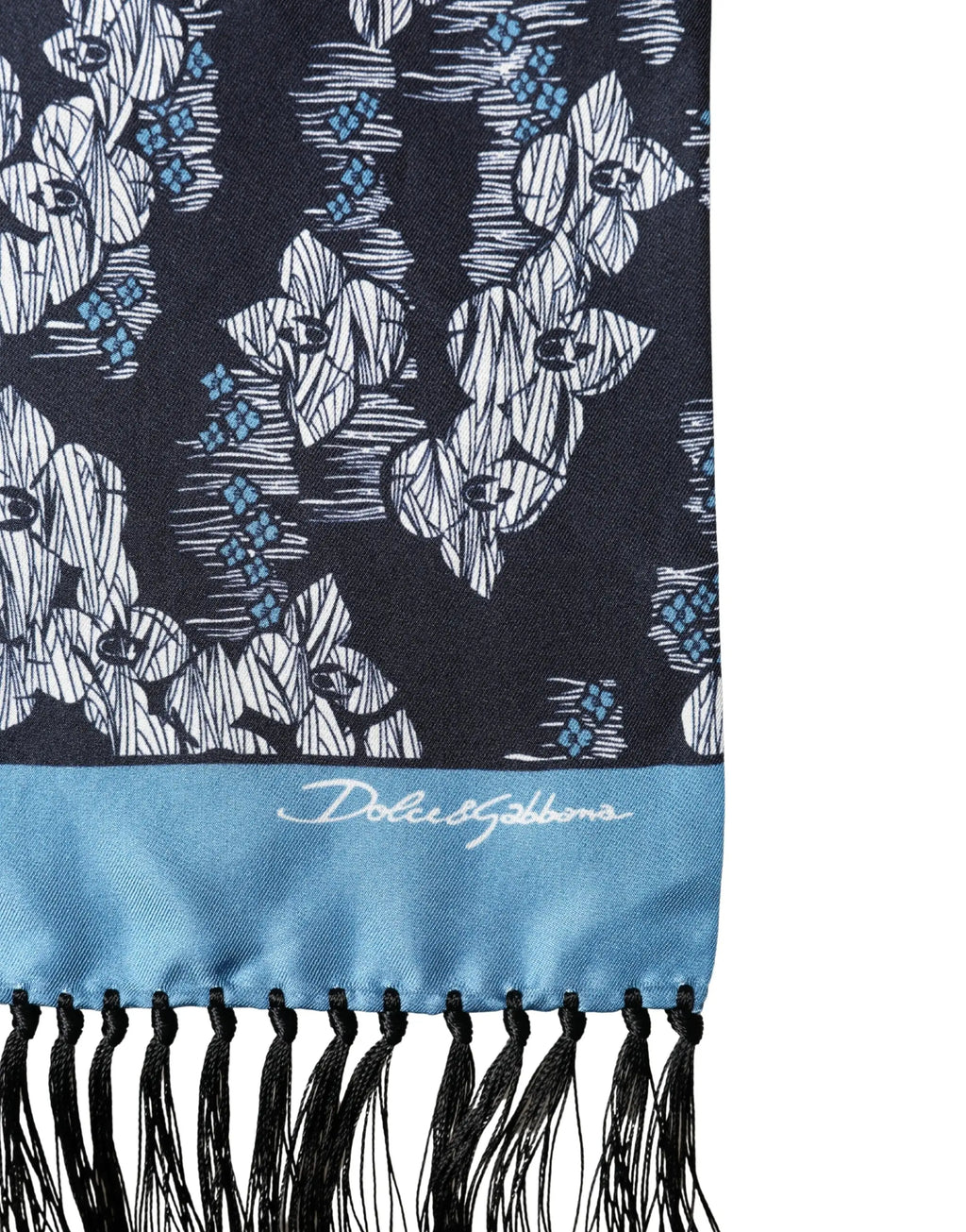 Foulard en soie bleu marine dolce & gabbana avec motif floral blanc et bleu clair et franges noires 140cm x 16cm