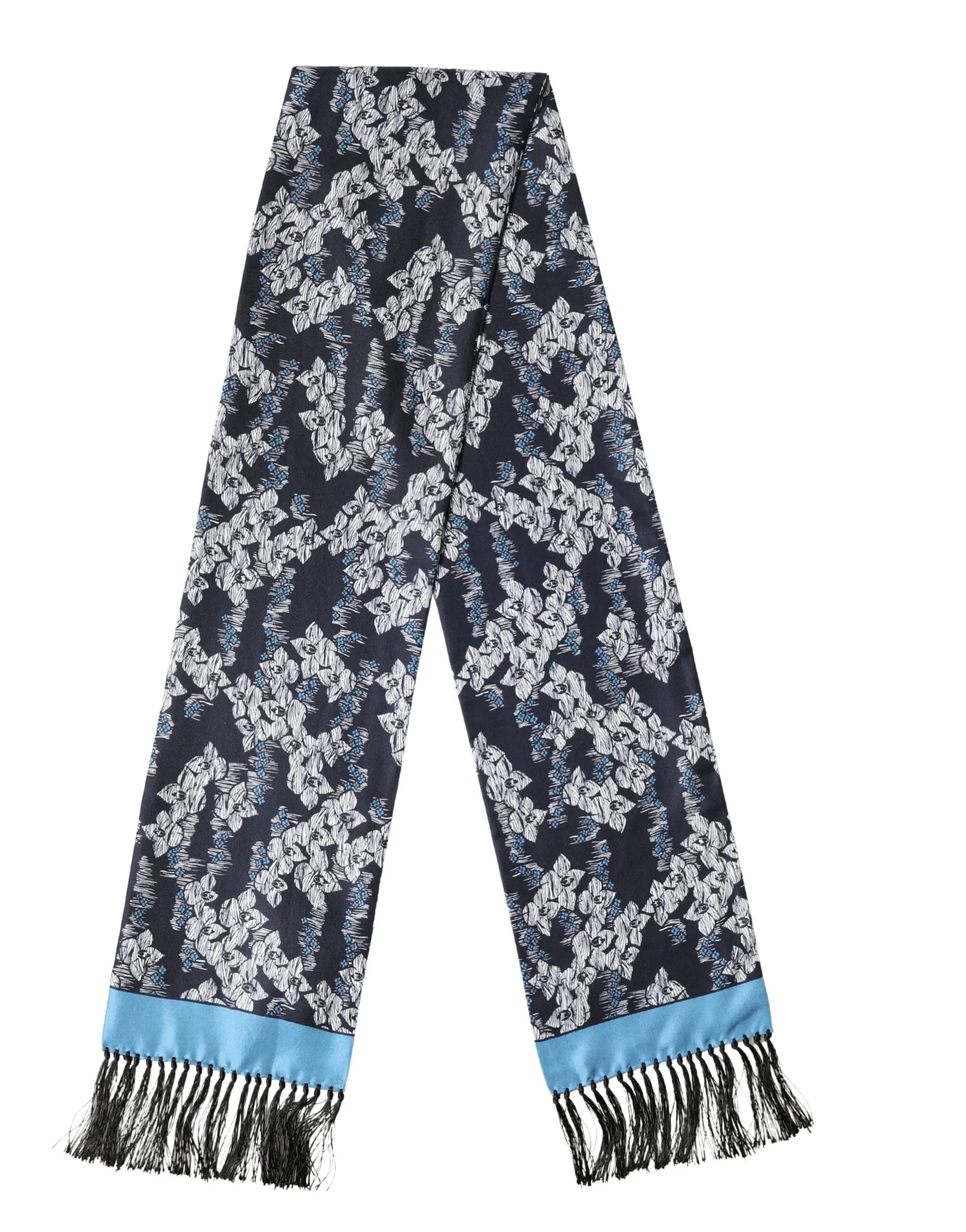 Écharpe dolce & gabbana en soie bleue marine à motif floral blanc avec bordure satin bleu clair et franges noires