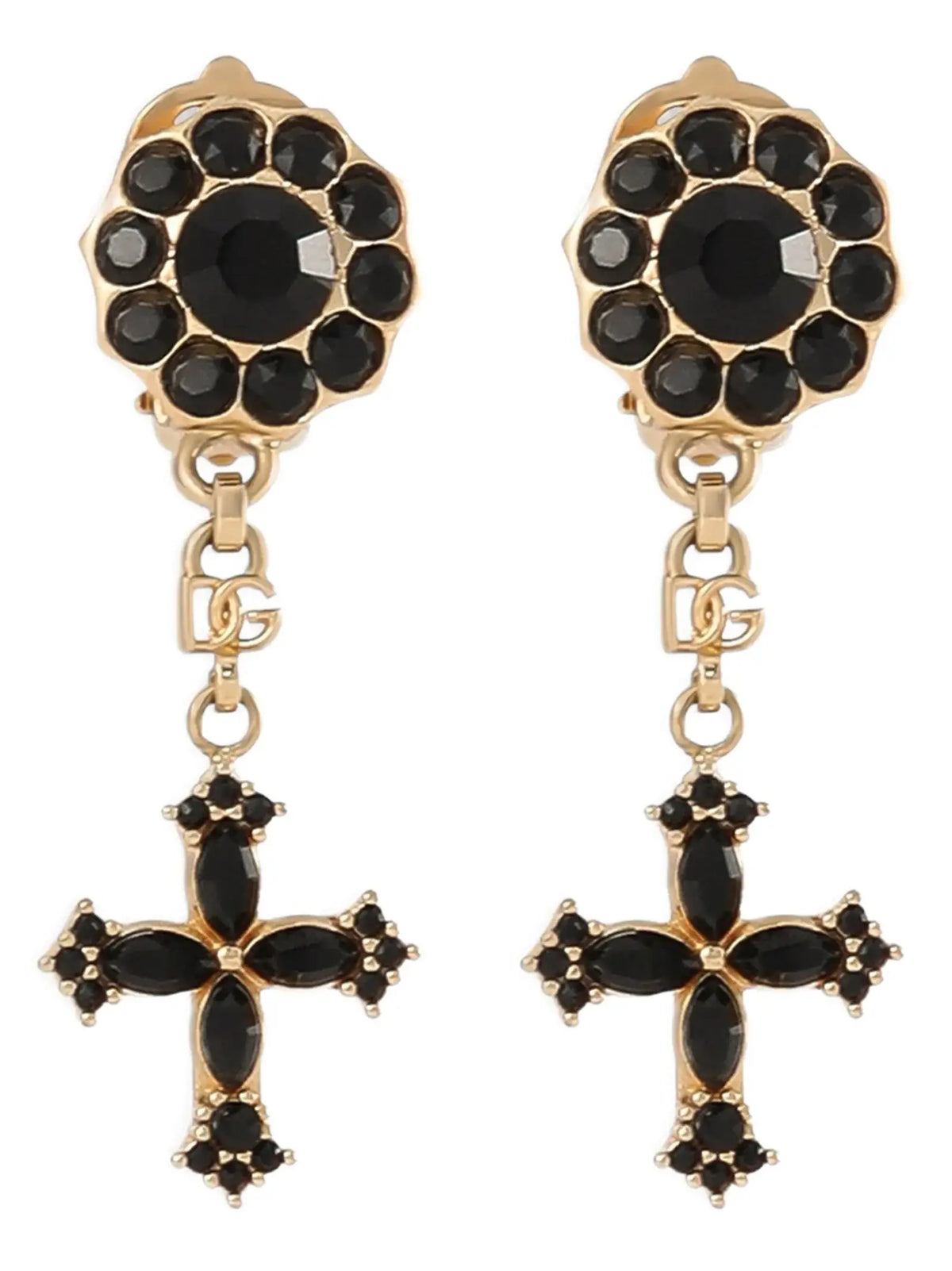 Boucles doreilles clip-on en laiton noir de dolce & gabbana avec motif floral et pendentif croix orné de cristaux noirs