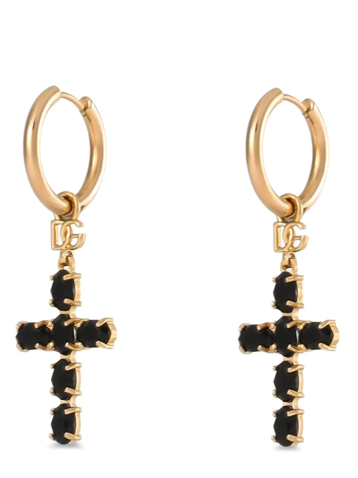 Boucles d’oreilles en laiton noir dolce & gabbana avec cercles dorés et croix pendantes ornées de pierres noires ovales