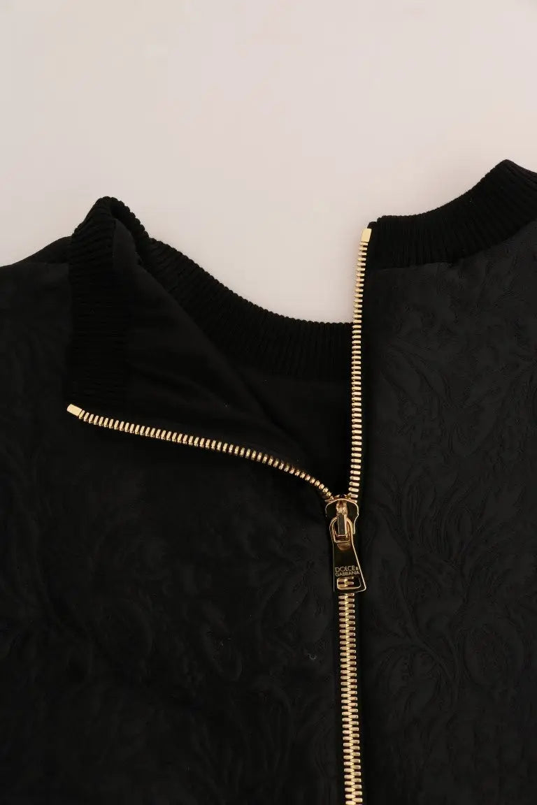 Veste bomber noire texturée dolce & gabbana avec fermeture éclair dorée et tirette, en brocart cocktail avec cristaux