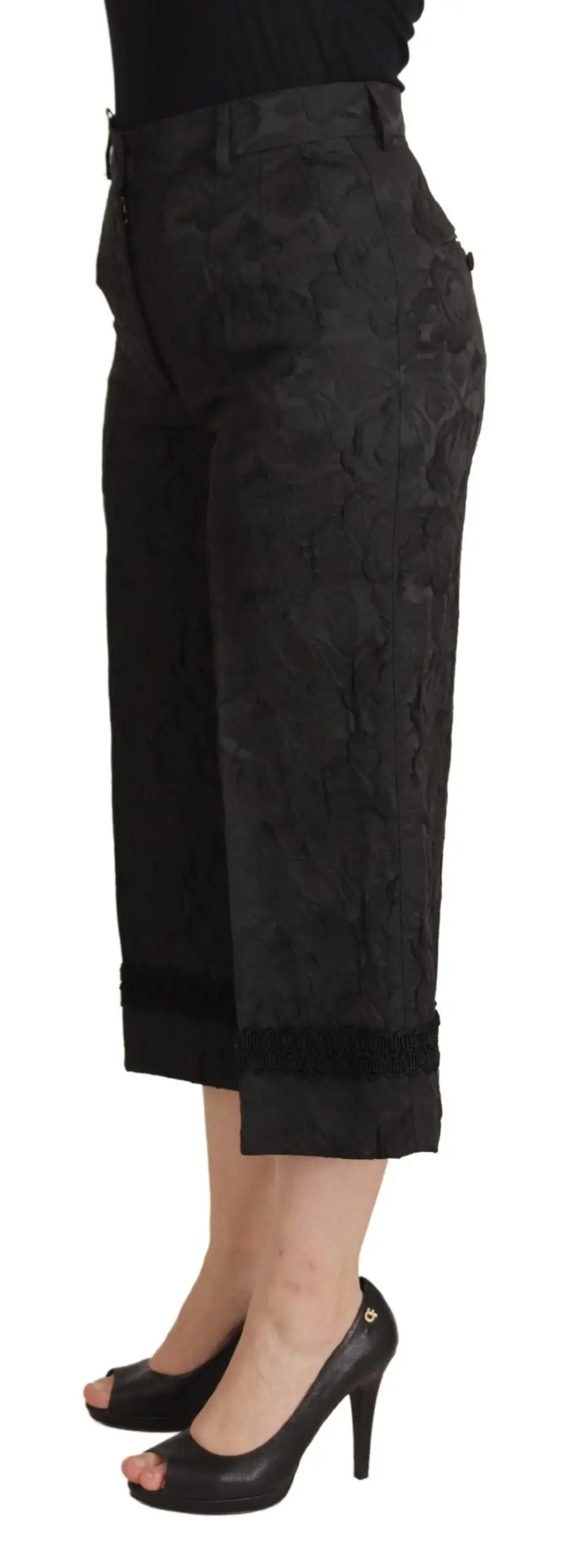 Pantalon capri noir dolce & gabbana brocart floral texturé avec poignets retroussés taille haute cropped