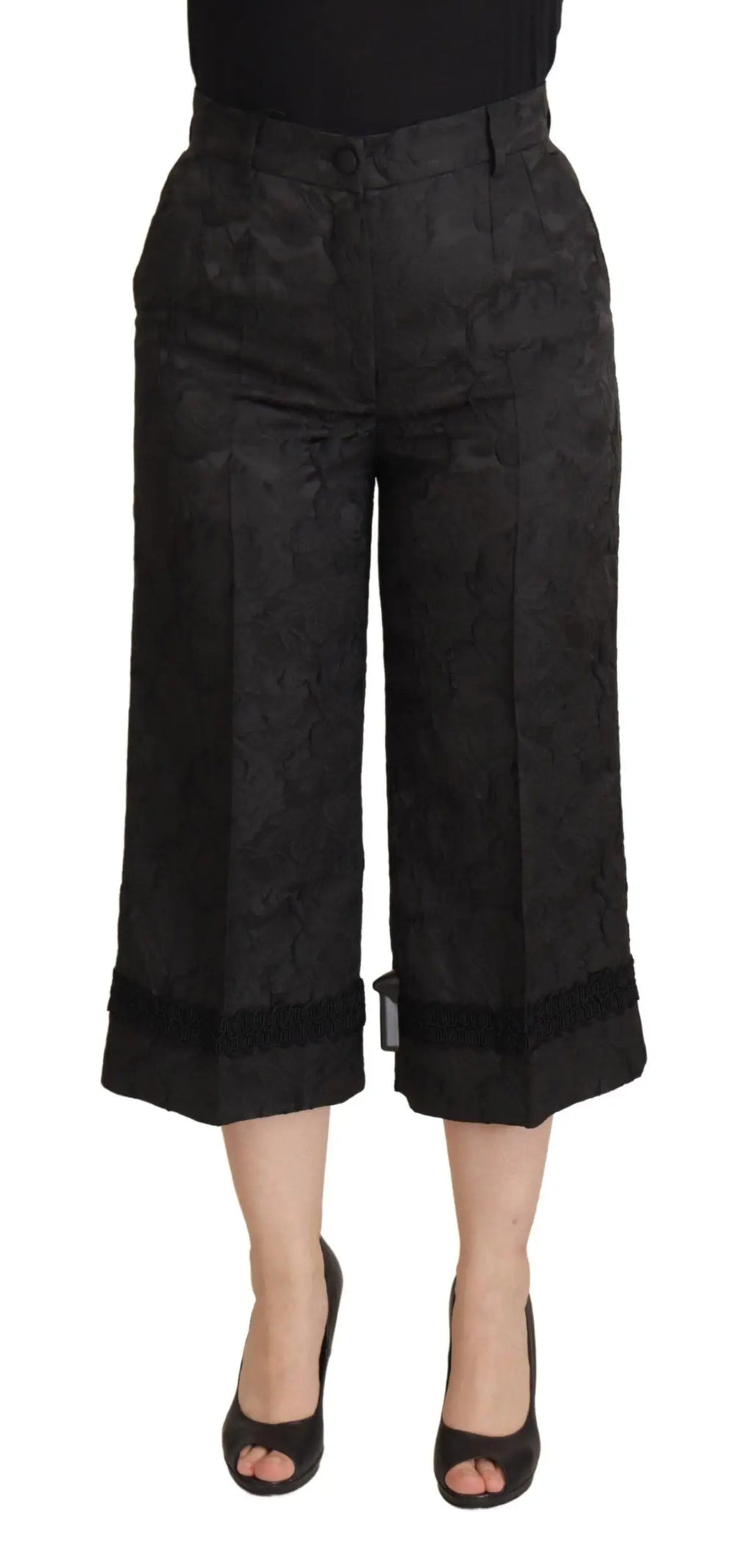 Dolce & gabbana pantalons courts noirs en brocart à taille haute avec motif texturé subtil et revers roulés