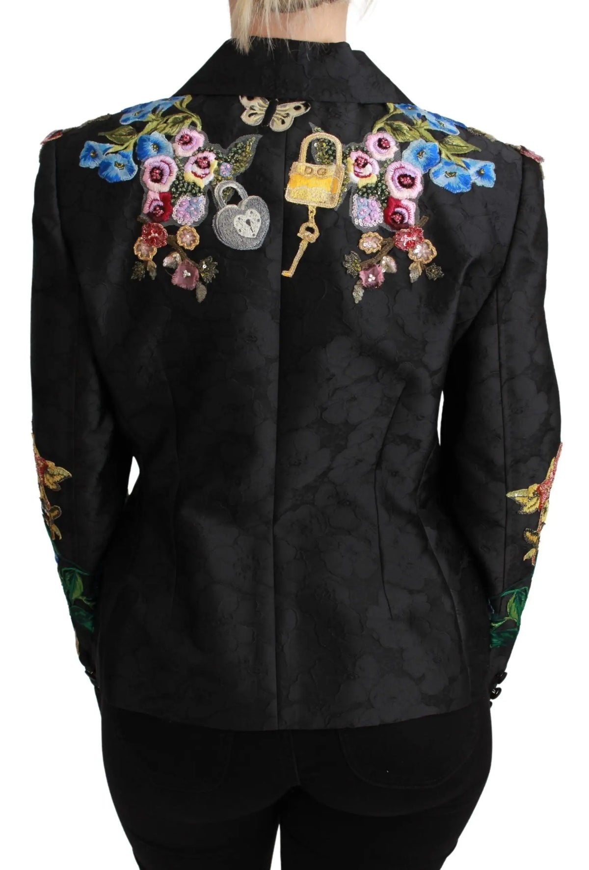 Blazer noir en satin dolce & gabbana avec broderie florale colorée et motifs dorés de cadenas et clés