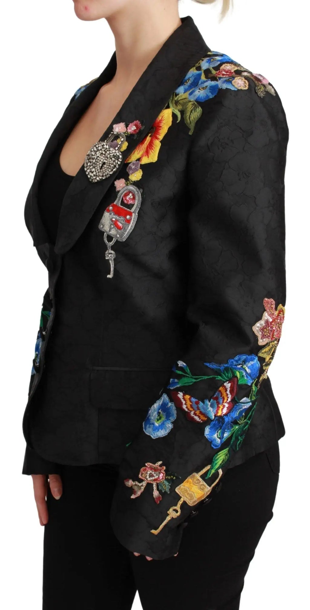 Veste blazer dolce & gabbana noire en brocart avec broderies florales colorées et motifs clés décoratifs