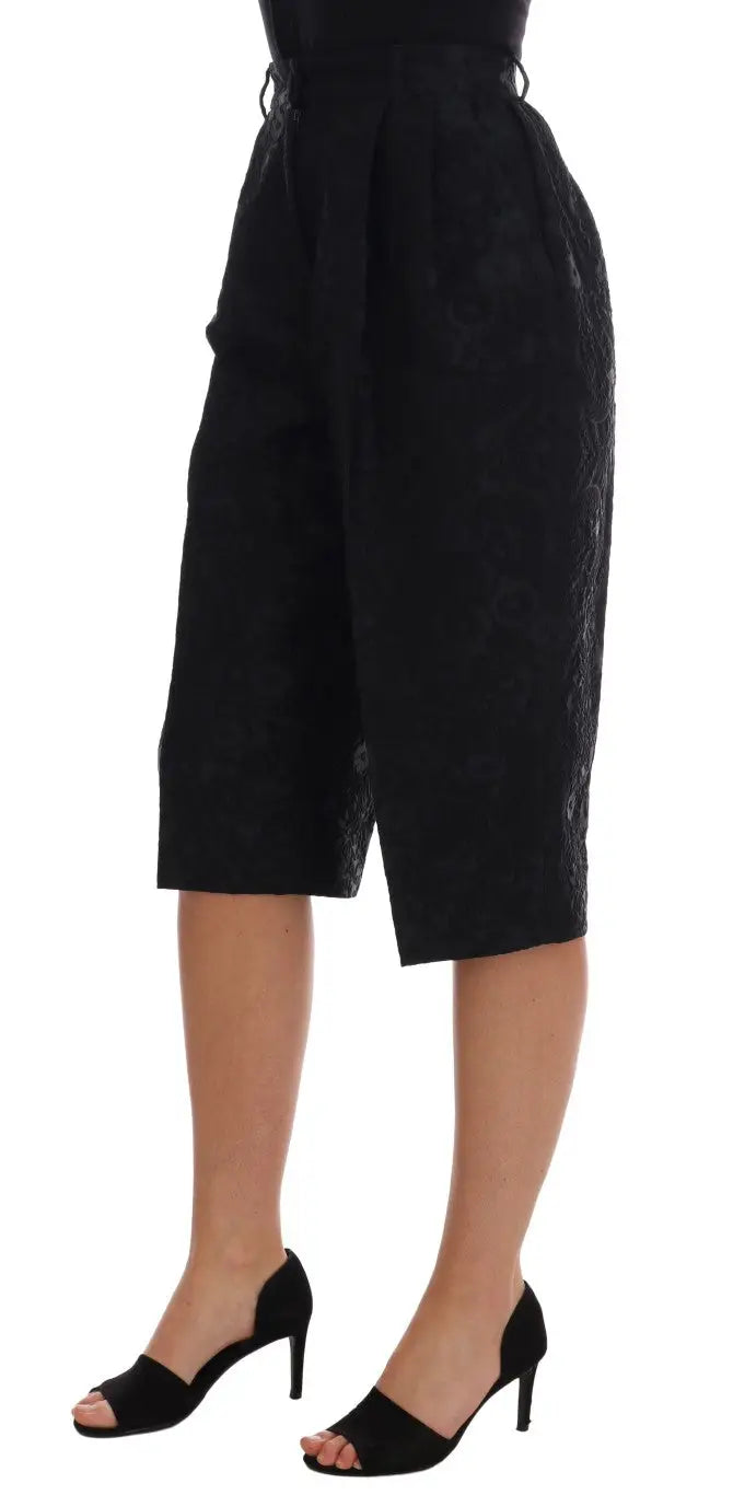 Dolce & Gabbana black brocade high waist capri shorts with black lace cuffed high waisted culottes and tied belt