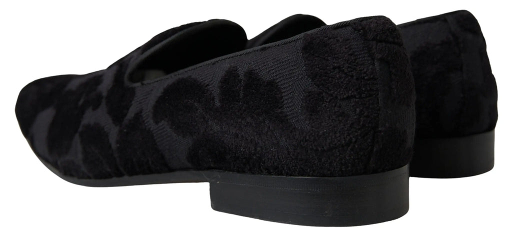 Dolce & gabbana mocassins noirs en velours brocart avec motif floral subtil et talons blocs bas formels