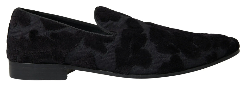 Dolce & gabbana mocassins noirs en velours avec motif léopard subtil chaussures formelles en brocart
