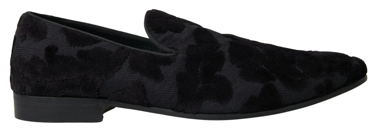Dolce & gabbana mocassins noirs en velours avec motif léopard subtil chaussures formelles en brocart