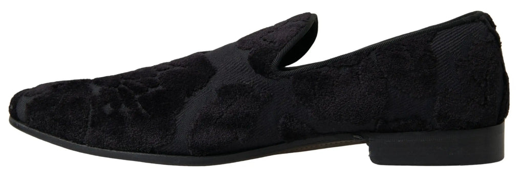 Dolce & gabbana chaussures formelles noir brocart mocassins slip-on en velours avec motif texturé subtil