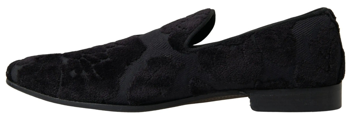 Dolce & gabbana chaussures formelles noir brocart mocassins slip-on en velours avec motif texturé subtil
