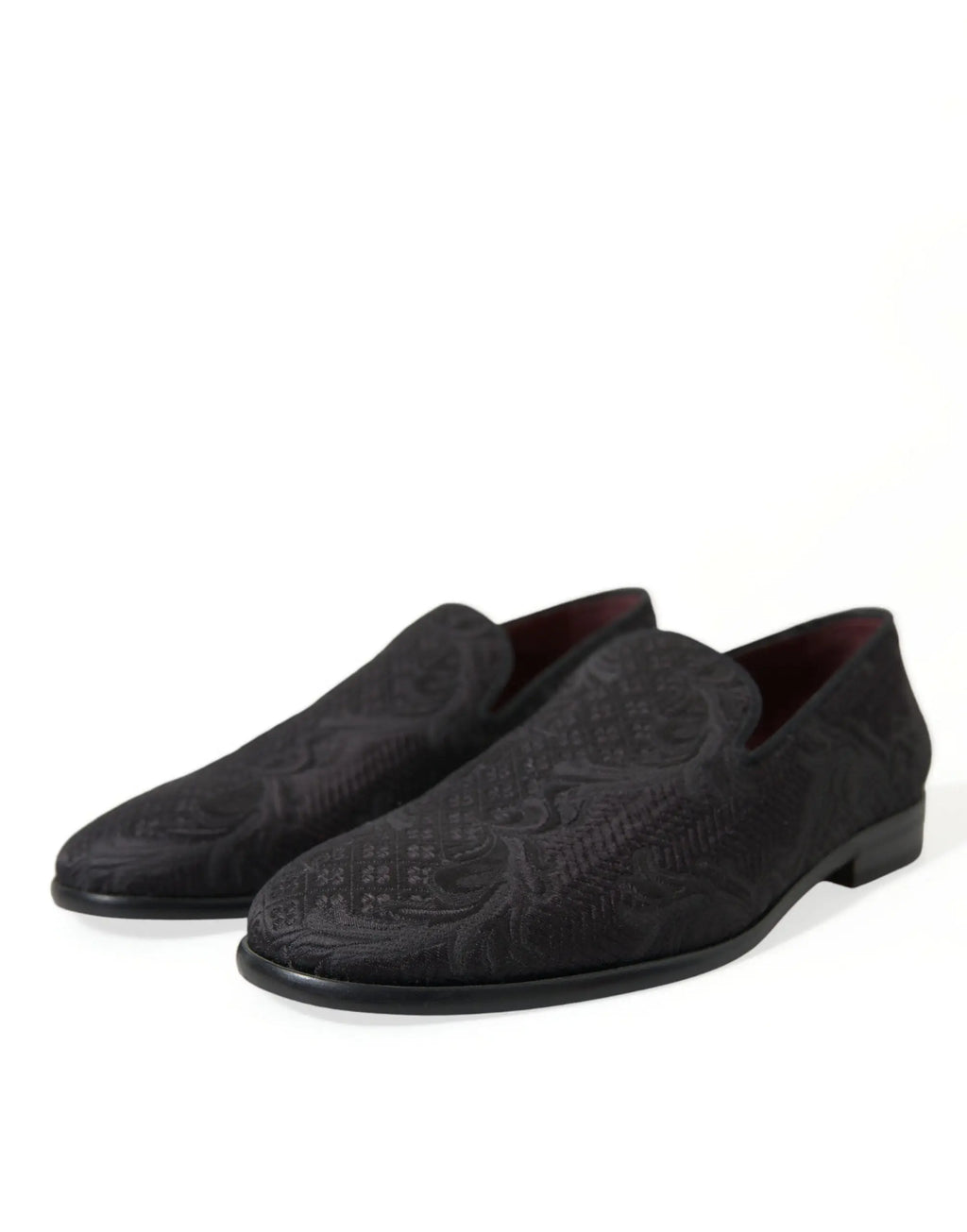 Dolce & gabbana black brocade men slip on loafer dress shoes with subtle intricate embroidered pattern and sleek design