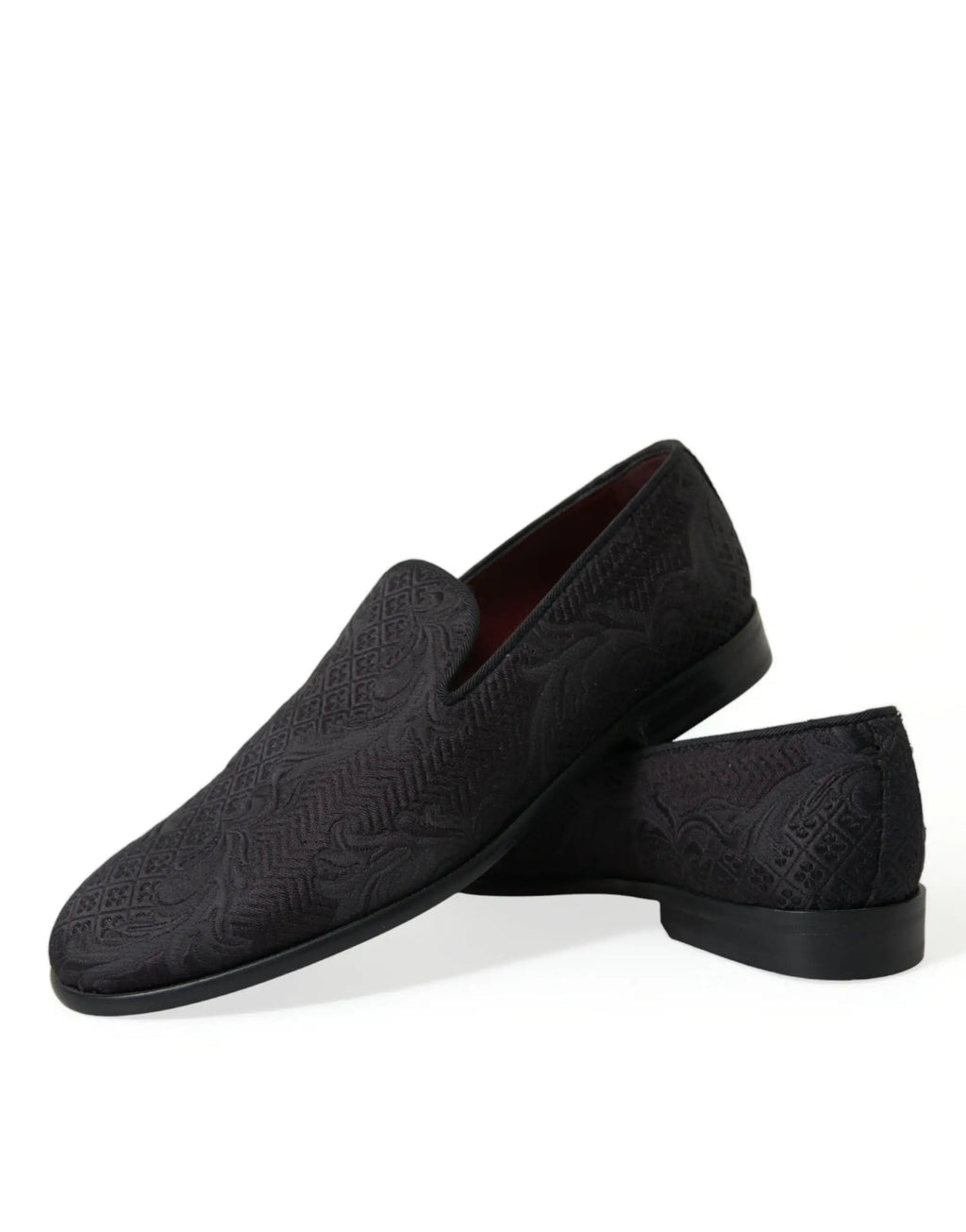 Dolce & gabbana mocassins noirs en velours brocart pour homme avec motif embossé et doublure intérieure bordeaux