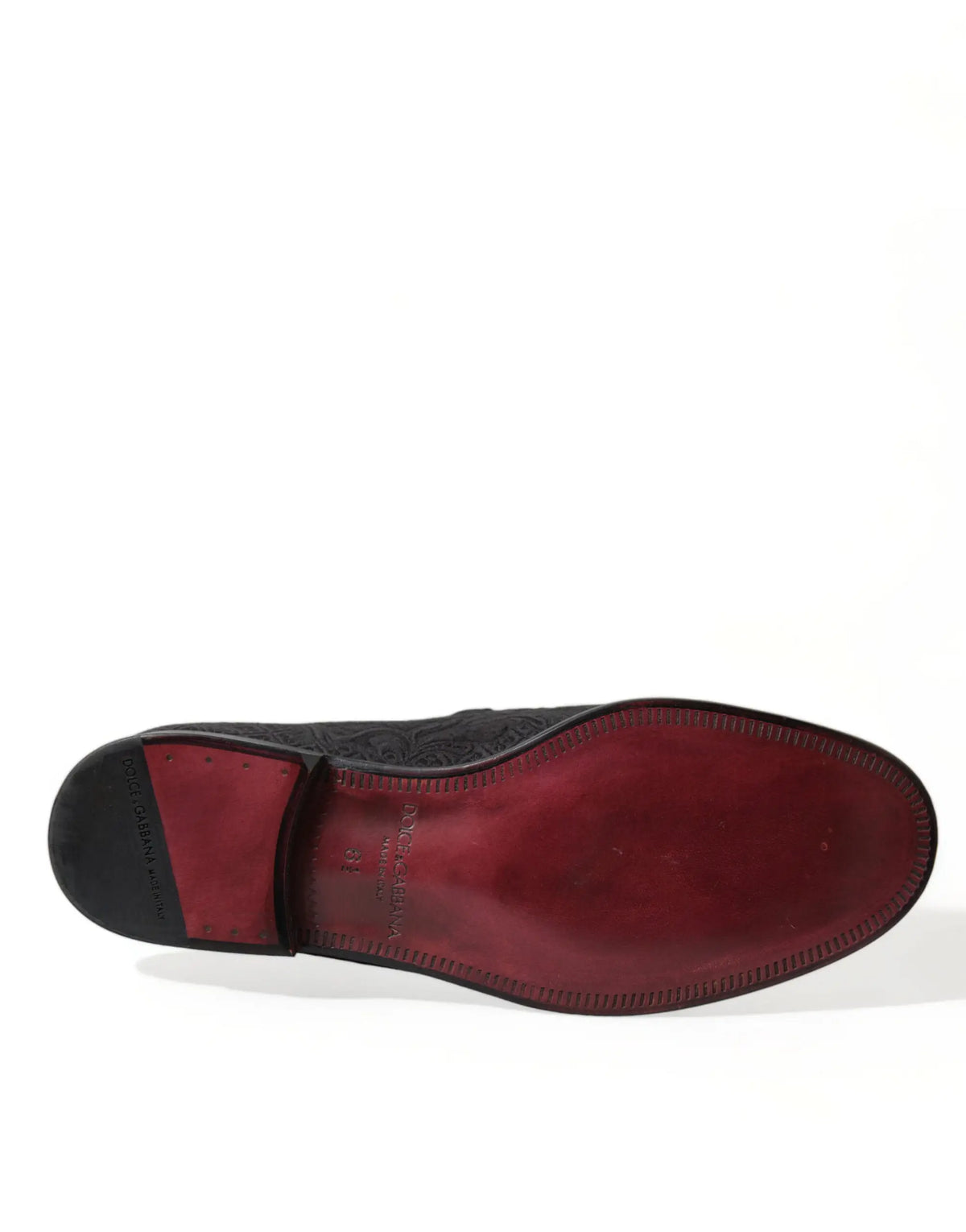 Dolce & gabbana black brocade men slip on loafer dress shoe in black leather with burgundy sole and embossed heel details