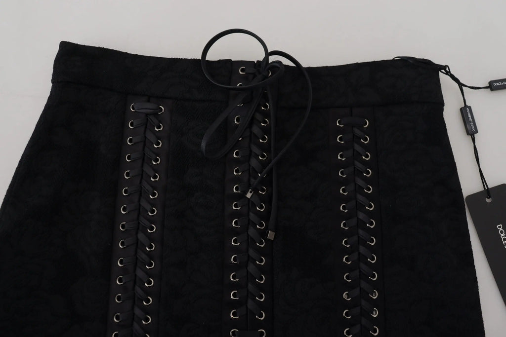 Dolce & Gabbana jupe crayon mini brocart noire en daim avec devant lacé style corset et œillets argentés