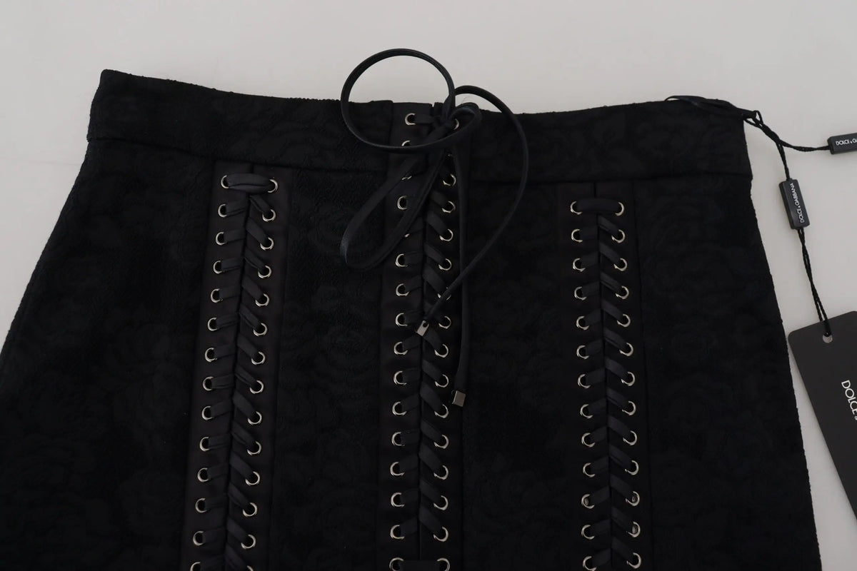 Dolce & Gabbana jupe crayon mini brocart noire en daim avec devant lacé style corset et œillets argentés