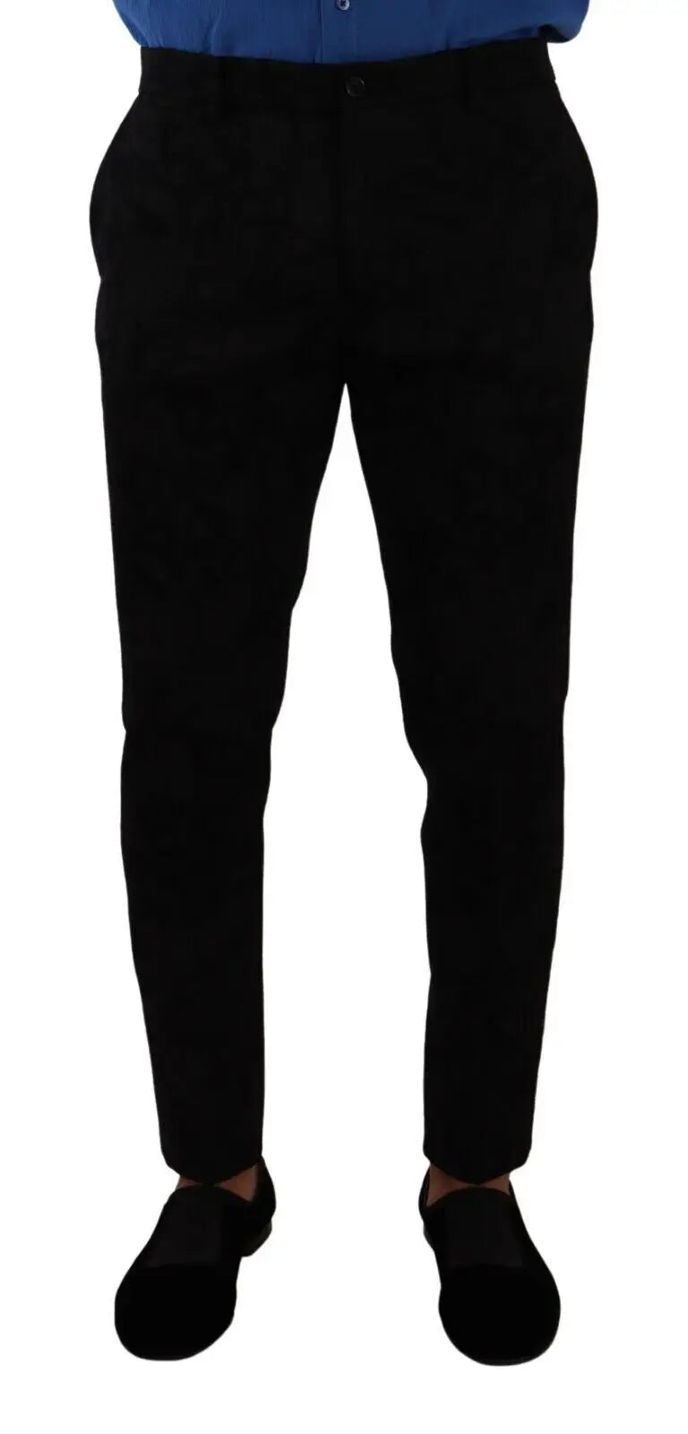 Pantalon habillé slim en brocart noir dolce & gabbana avec coupe droite élégante et plis subtils au niveau de la taille